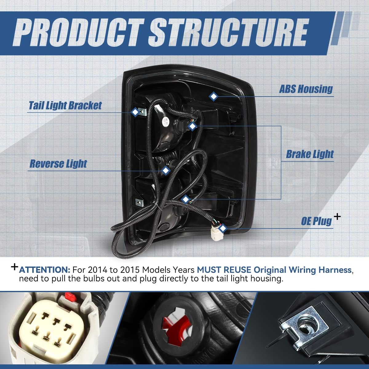 Auto Dynasty Factory Style Rear Tail Lights Brake Lamps with Wiring Harness Compatible with Chevy Silverado 1500 2500 3500 14-19, Driver and Passenger Side, Smoked Lens