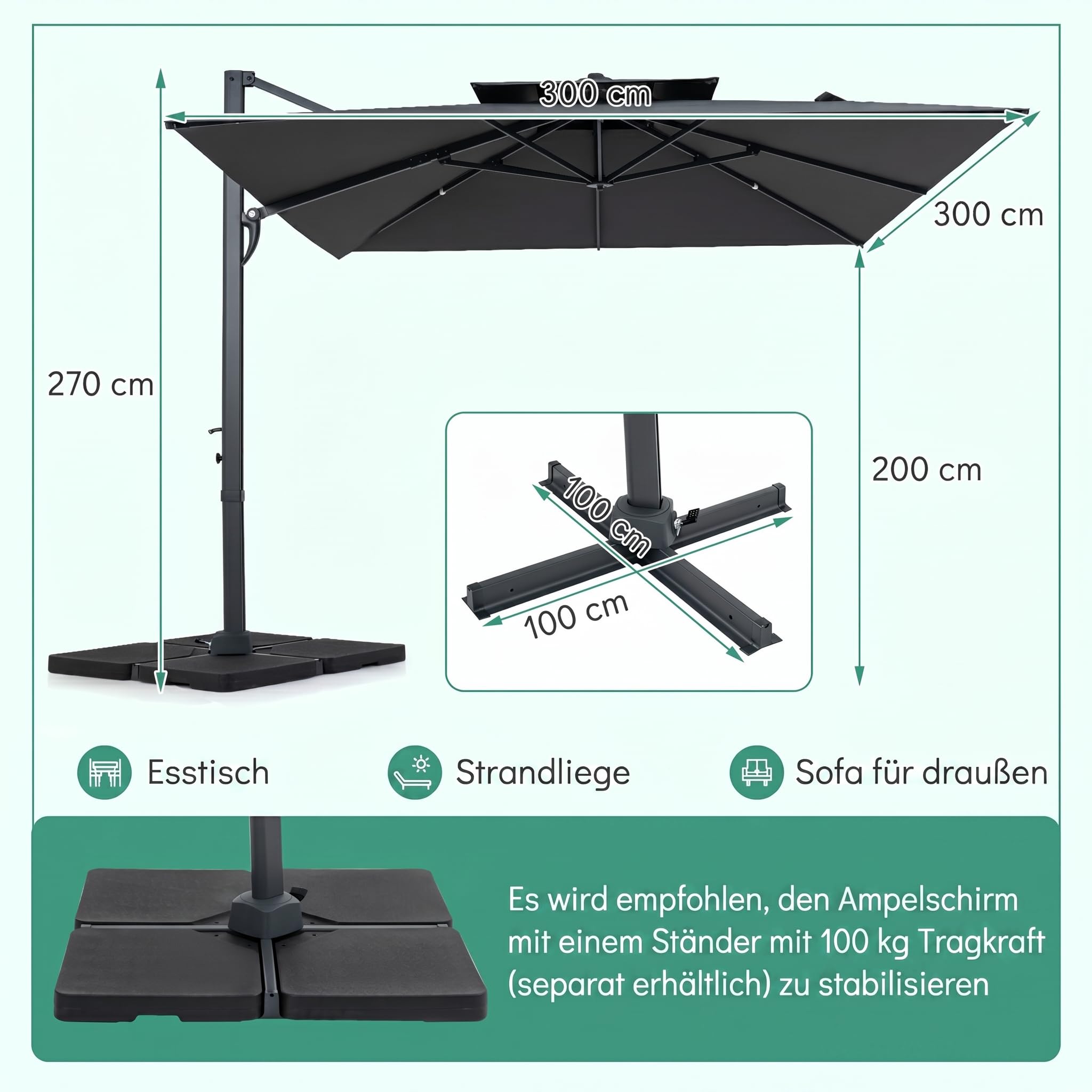 COSTWAY Sonnenschirm mit Doppeldach, 300 x 300 cm, Alu Ampelschirm mit Kurbel, 360° drehbar, quadratischer Gartenschirm, Marktschirm, Terrassenschirm für Garten, Terrasse, Pool (Anthrazit)