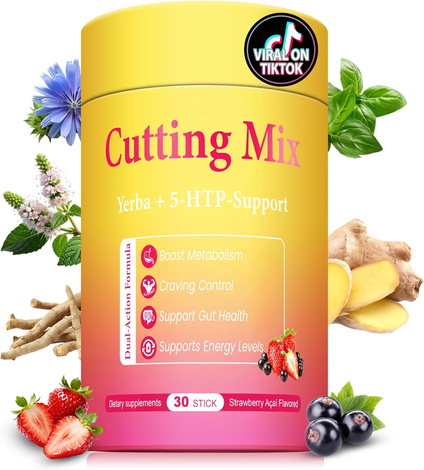 Cutting Drink Mix – Berberine, Chromium, 5-HTP, Yerba Mate, FOS & Magnesium | Supports Satiety Signaling, Energy & Gut Health | Strawberry Açaí Flavor – 30 Sticks