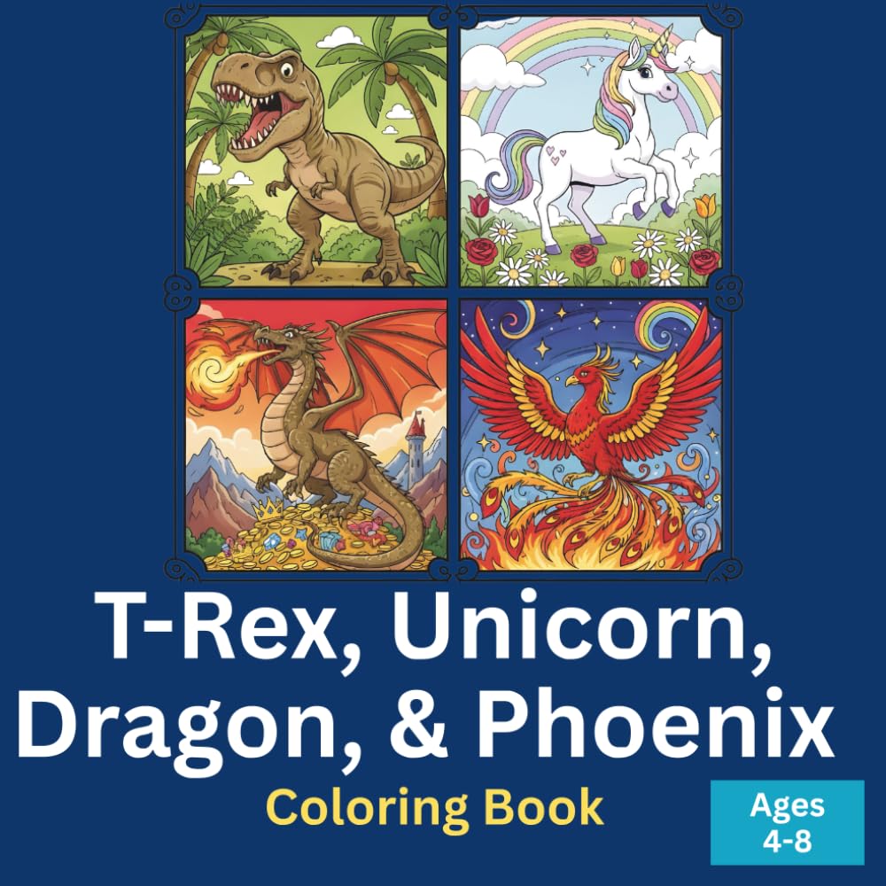 T-Rex, Unicorn, Dragon, and Phoenix Coloring Book for Kids Ages 4-8:: 50 Dinosaur, Magical, and Mythical Animals Coloring Pages - Prehistoric T-Rex, ... (The Bold & Easy Ultimate Nature Series)
