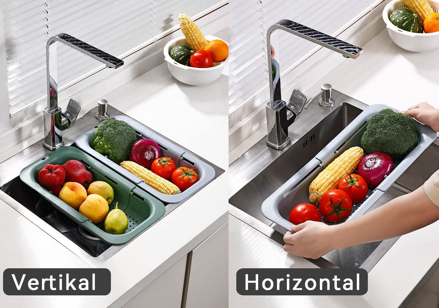 Scolapasta Espandibile Per Lavello 36-49 Cm - Grigio, Cestello Per Verdura E Pasta - 2