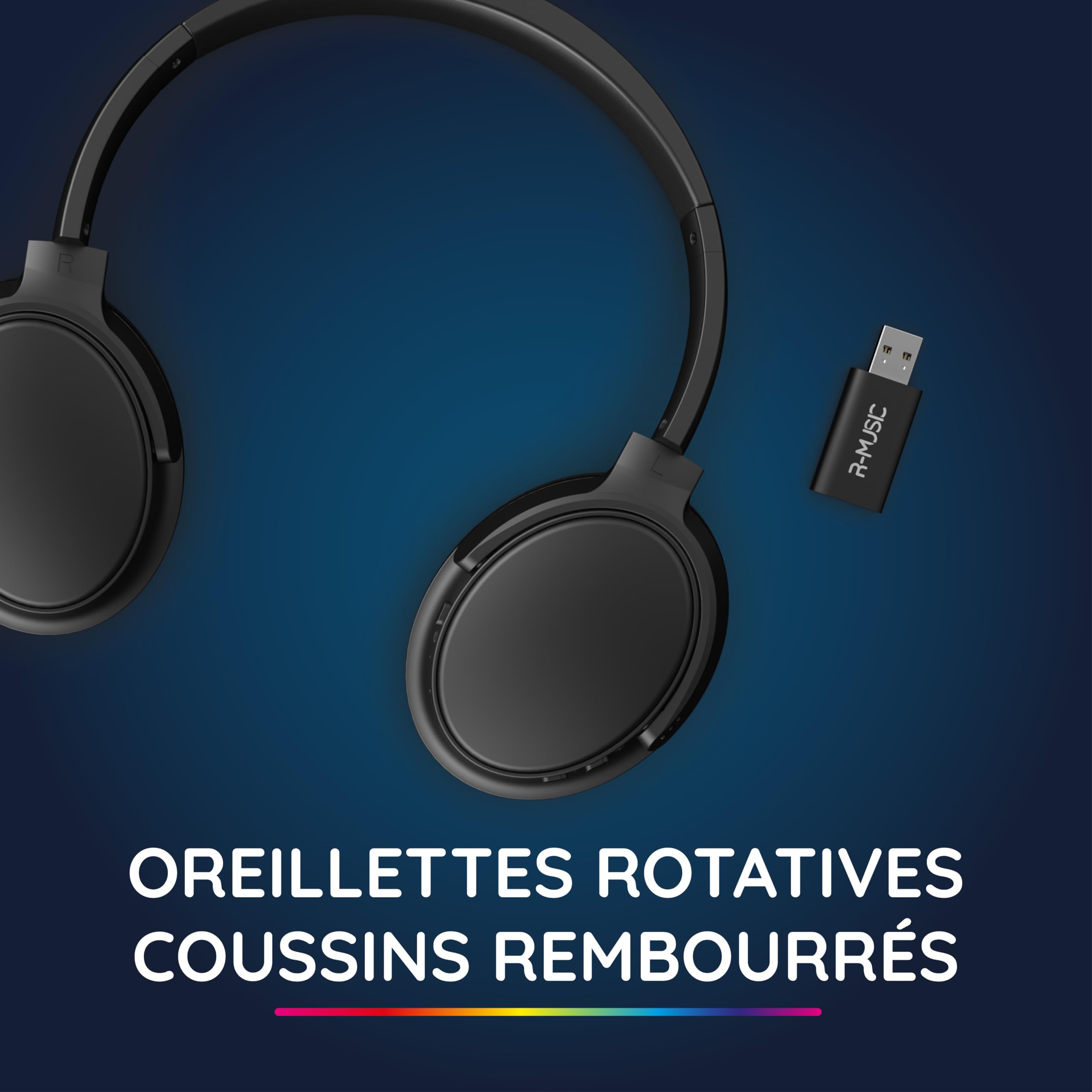 R-MUSIC RM306841 - Bezprzewodowe słuchawki telewizyjne z odbiornikiem USB 2,4 GHz - czas pracy 12H - Radio FM, port jack 3,5 mm, obrotowe słuchawki - czarny