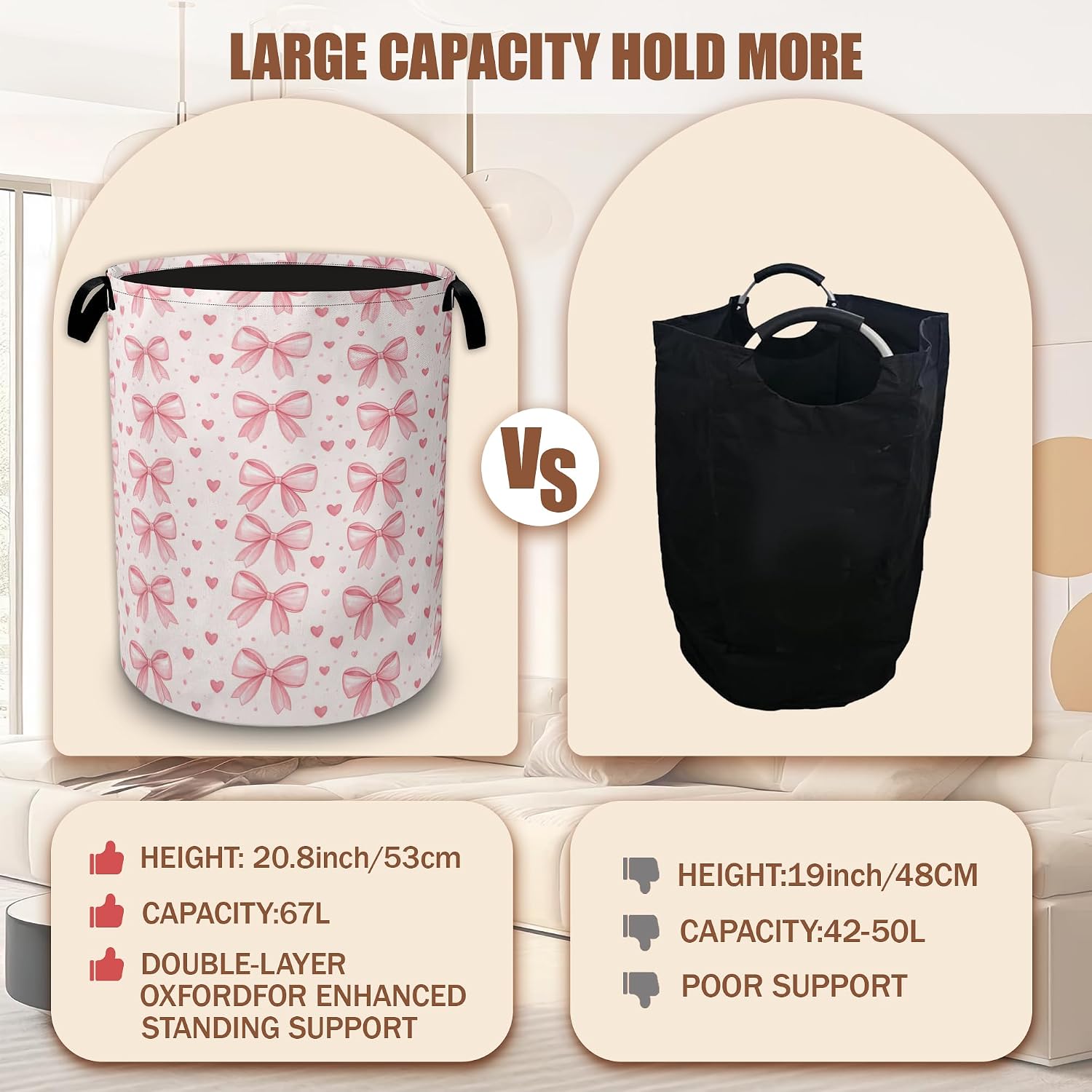 Pink Bows Hearts Laundry Basket, Laundry Hamper Waterproof Oxford Cloth Tote Bag,Clothes Storage Bucket Decorative Toy Organizer for Bathroom Bedroom 16" x 20.8" image 4
