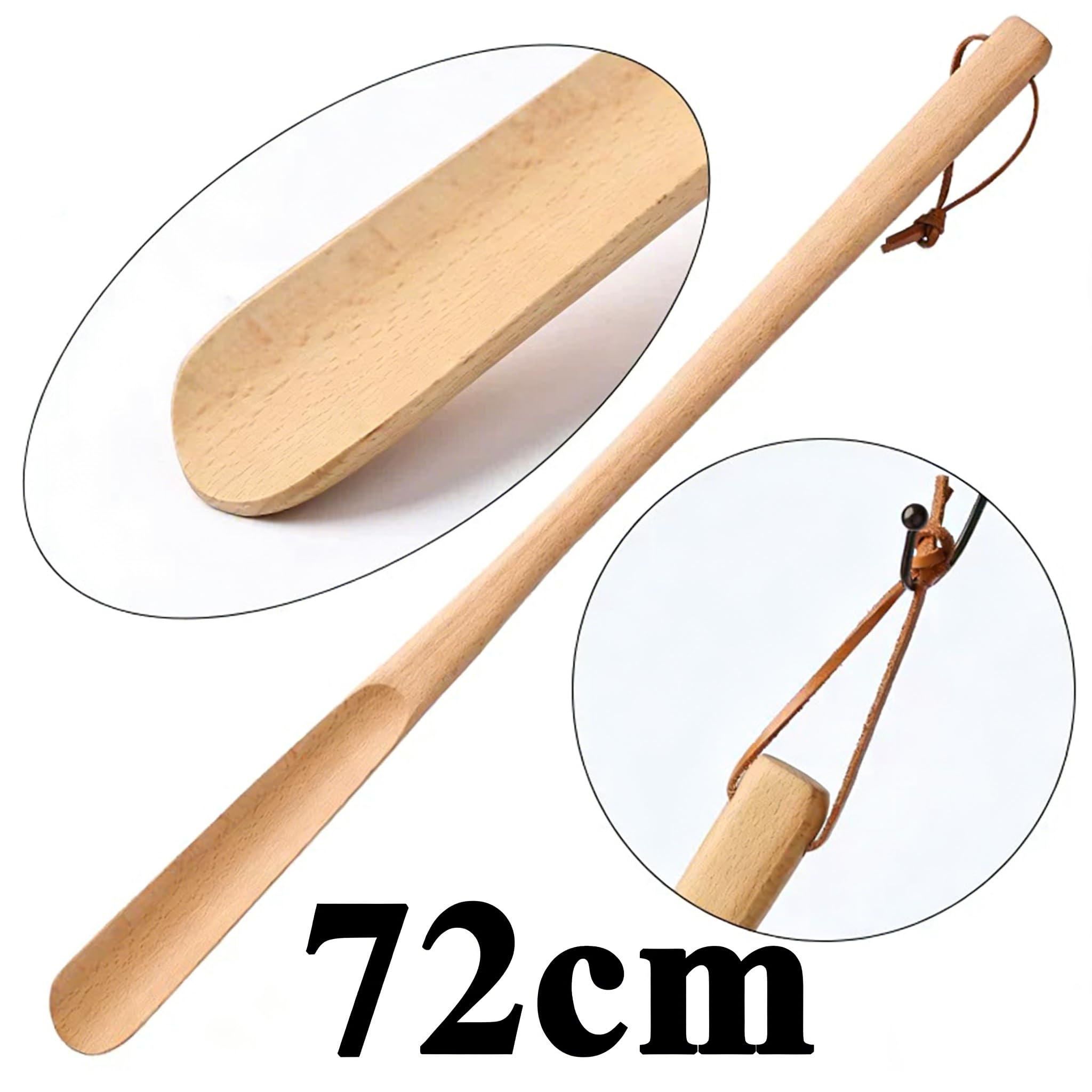 Łyżka do butów z drewna, długość 72 cm, naturalny materiał drewniany, ze skórzanym paskiem, pomoc w zakładaniu butów