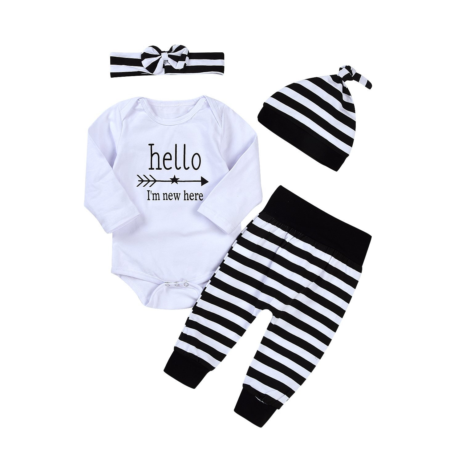 Newborn 4pcs Set Outfit Striped Hoodie with Romper Jumpsuit+ Striped Long Pants and Hat (100(18-24M), Long Sleeve)