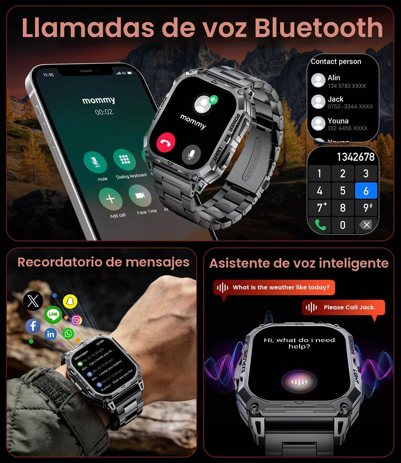Reloj Inteligente Hombre, Llamadas Bluetooth, 2.01"HD Smartwatch Hombre con Linterna, 900 mAh, Sueño/Frecuencia Cardíaca, 100+ Modos Deportivos, IP68, Compatible con Android e iOS, Negro-Naranja