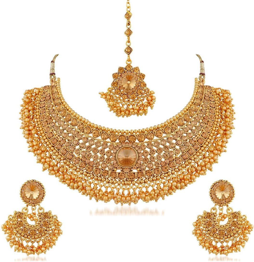 APARABridal Gold Plated Pearl LCT Stones Necklace Jewellery Set For Women (Golden)