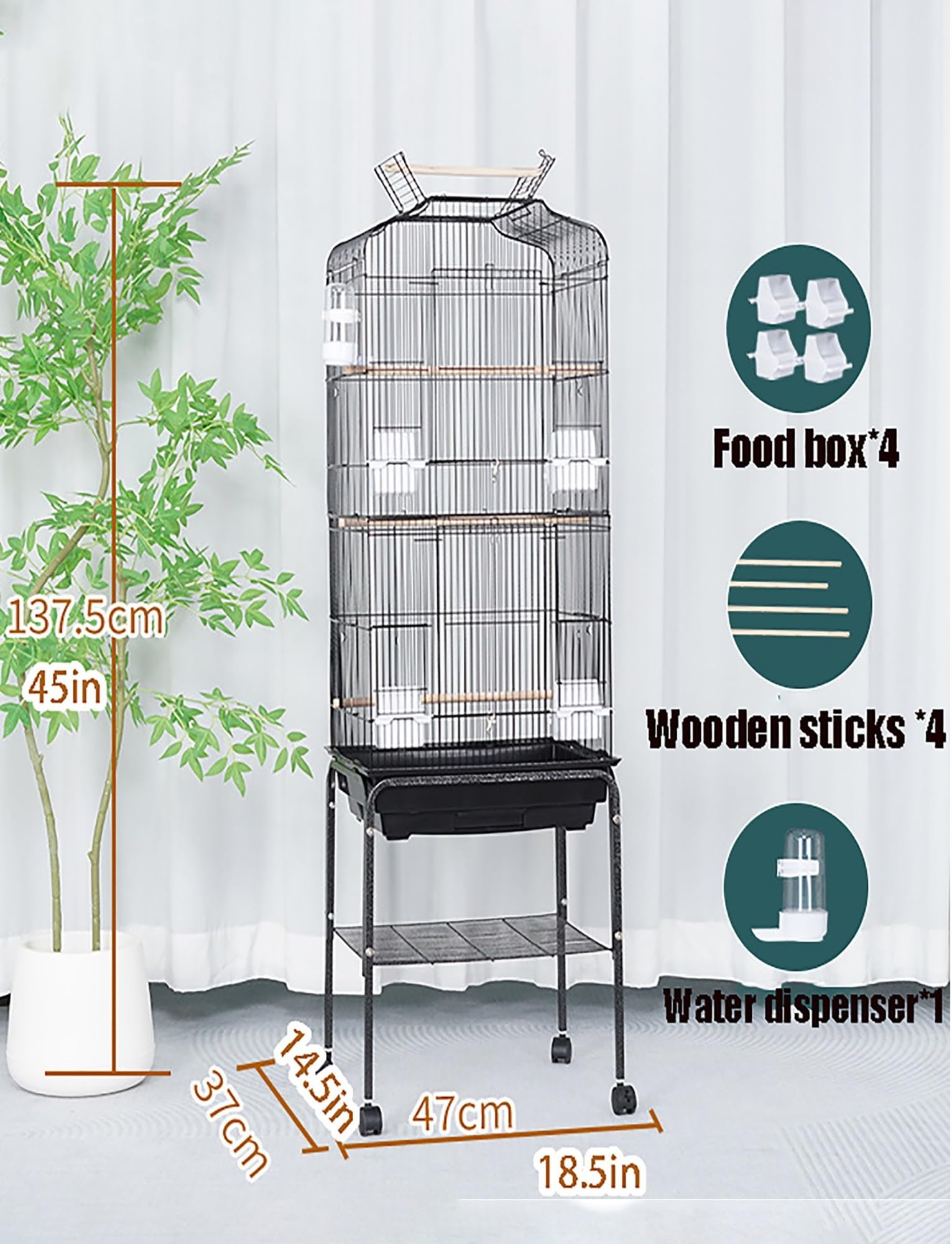Jaula grande para pájaros con soporte desmontable, bandeja fácil de limpiar y asas, ideal para cacatúas, tortolitos y palomas