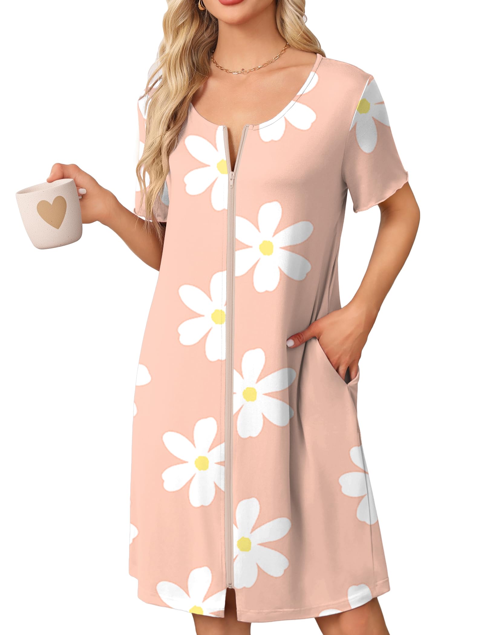 Ekouaer Womens Zipper Robe Short Sleeve Bathrobes Summer Sleepwear Soft Housecoat with Pockets Zip Up House Robes S-3XL