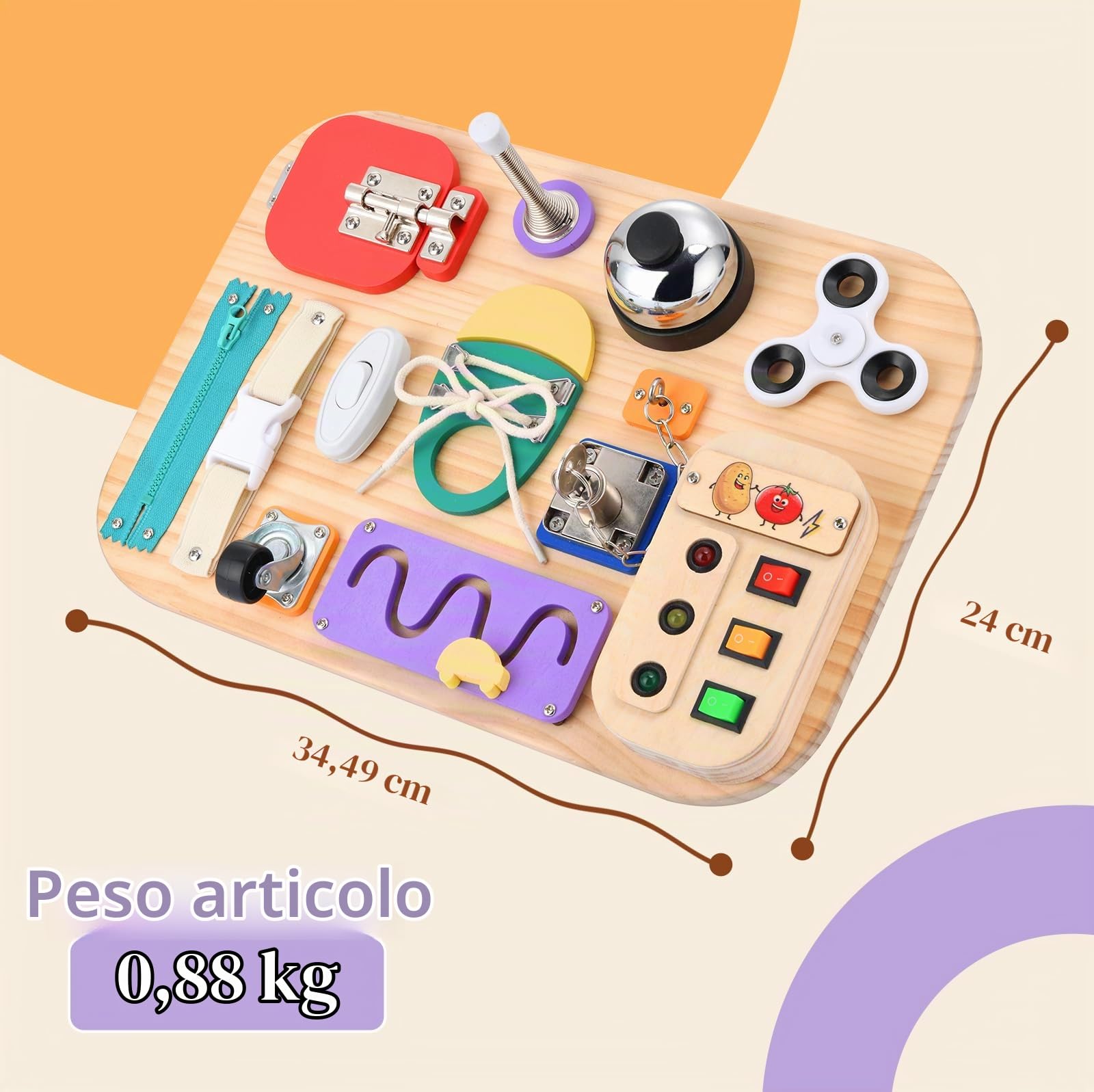 potatomato Busy Board Montessori in Legno – Giocattolo sensoriale e motorio per Bambini – Activity Board educativo per Bambini Piccoli – Fidget Toy pedagogico per Bambine e Bambini