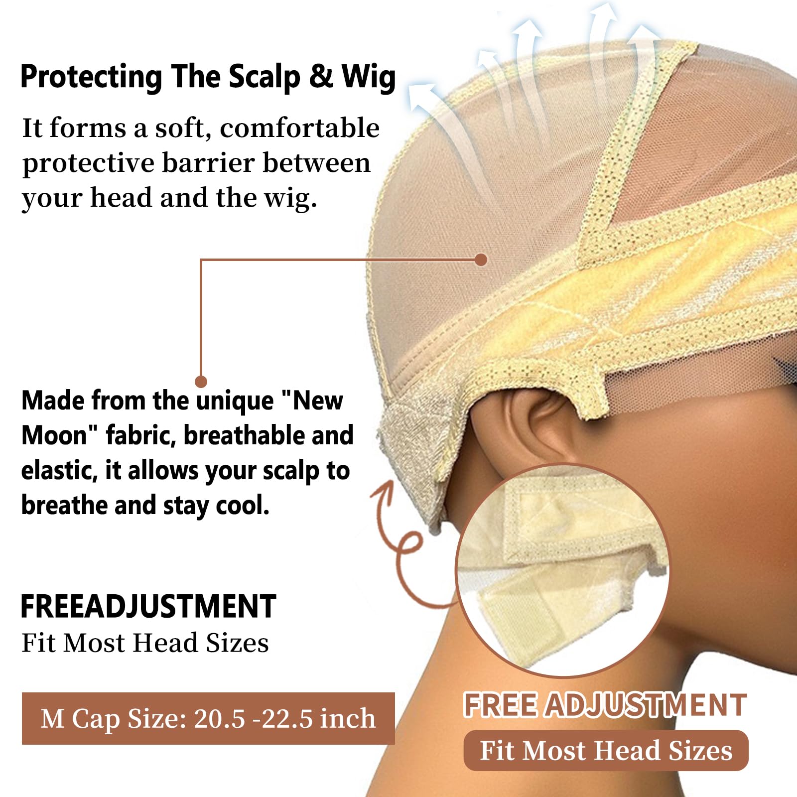 Lace Wig Cap with Grip Band for Keeping Wigs In Place 13x4 Wider Transparent Lace for Glueless Wig Adjustable Grip Cap with Velcro Headband (Beige) - Image 3