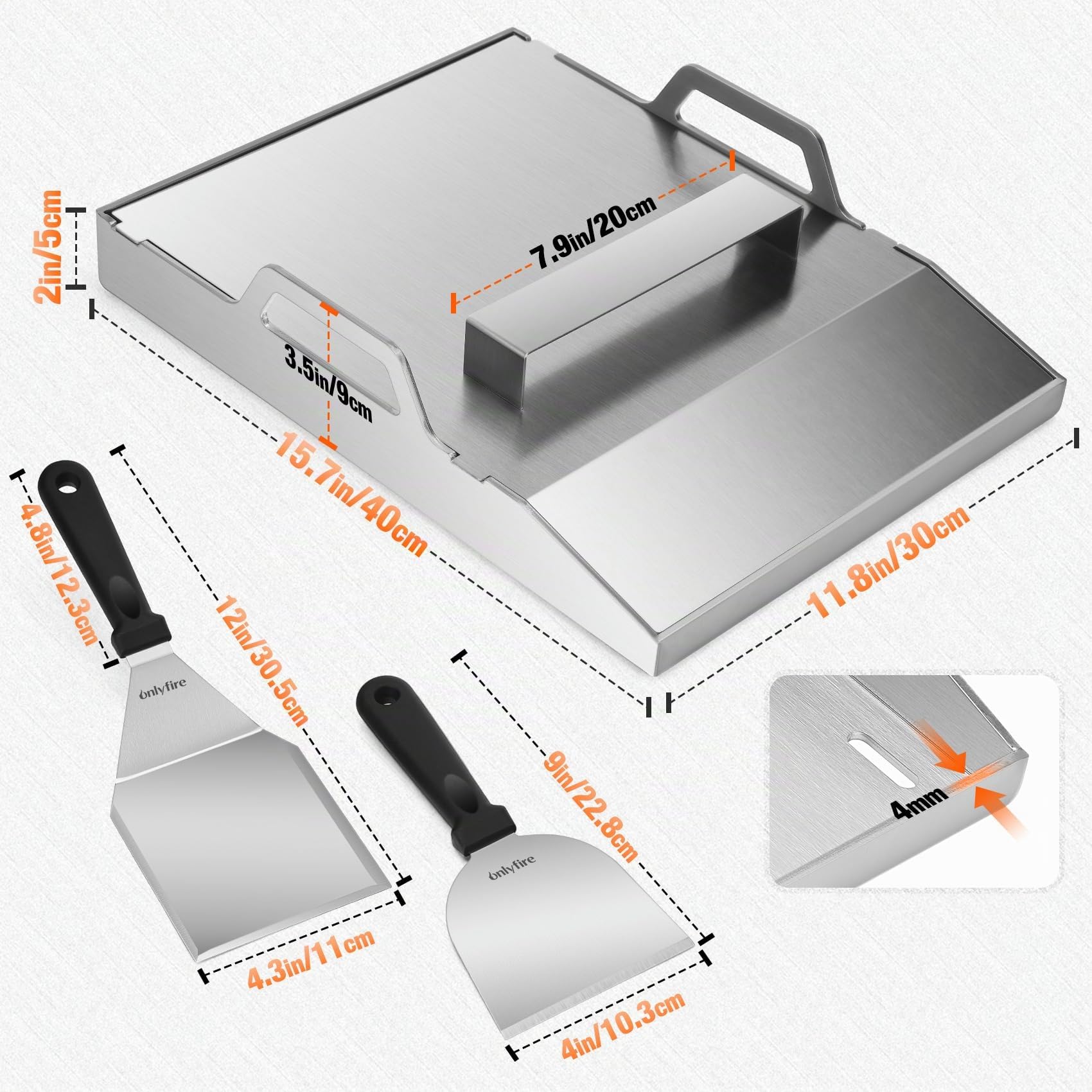 Onlyfire Plancha para Barbacoa 40x30cm de Acero Inoxidable, Plancha Grill con Tapa y 2 Espátulas, Universal, 40x30cm, para Parrillas de Gas y Camping