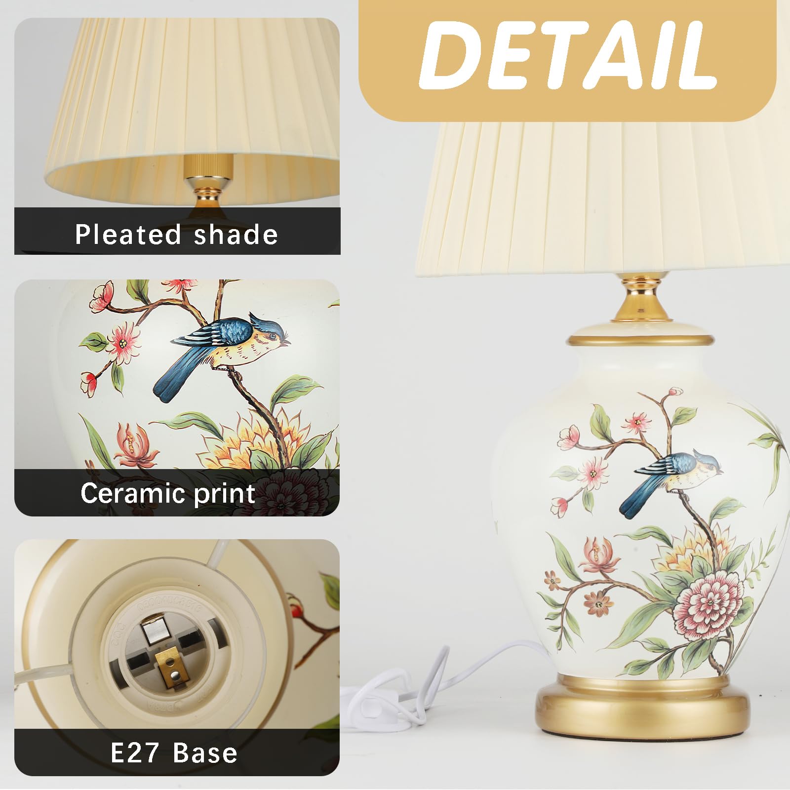 Tischlampe aus Keramik, Vintage, Nachttisch- und Wohnzimmerlampe, weißer Stoff, moderner Stil, E27, Weiß