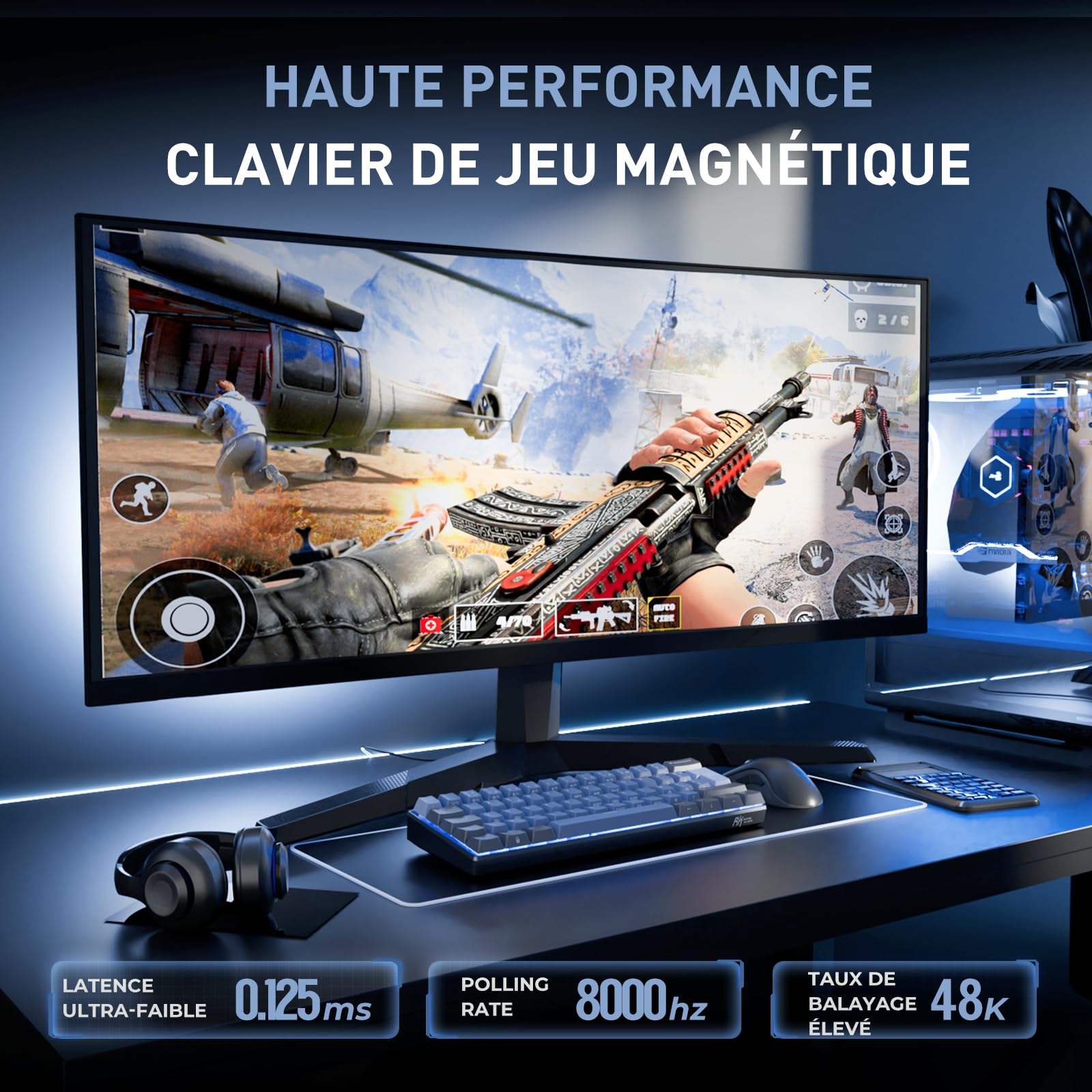 RK ROYAL KLUDGE C61 Clavier mecanique Filaire 60% avec Interrupteur Magnétique à Effet Hall, Rapid Trigger 0.01mm, Polling Rate 8000 Hz, RGB, Clavier AZERTY pour PC/Mac, Bleu