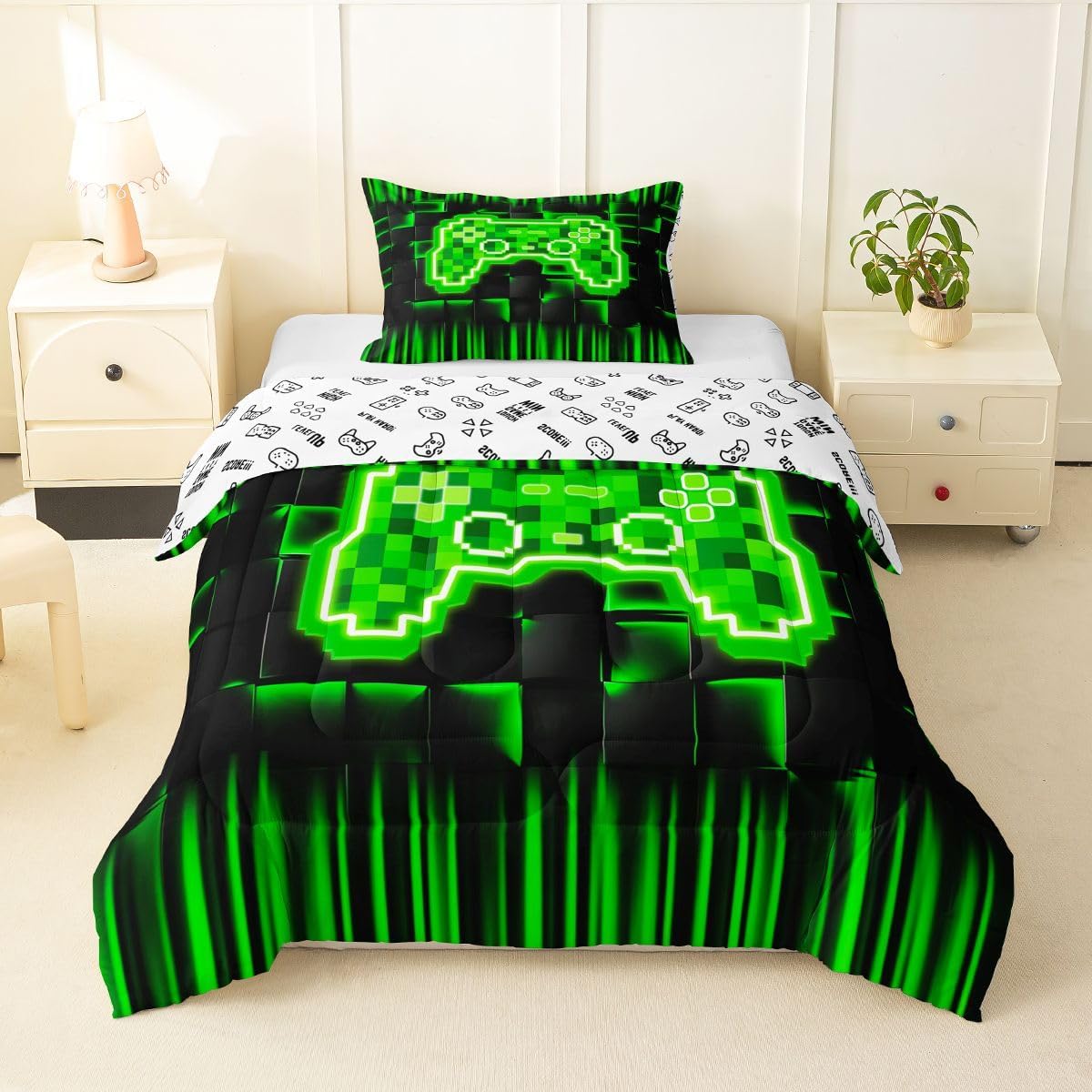 Boy Gamepad Comforter Set Twin Size,Neon Geometric Checkered Bedding Sets 2Pcs for Kids Teens Boys Room Decor,Pixelated Video Games Quilted Duvet Black Green Gaming Down Comforter,1 Pillowcase image 3