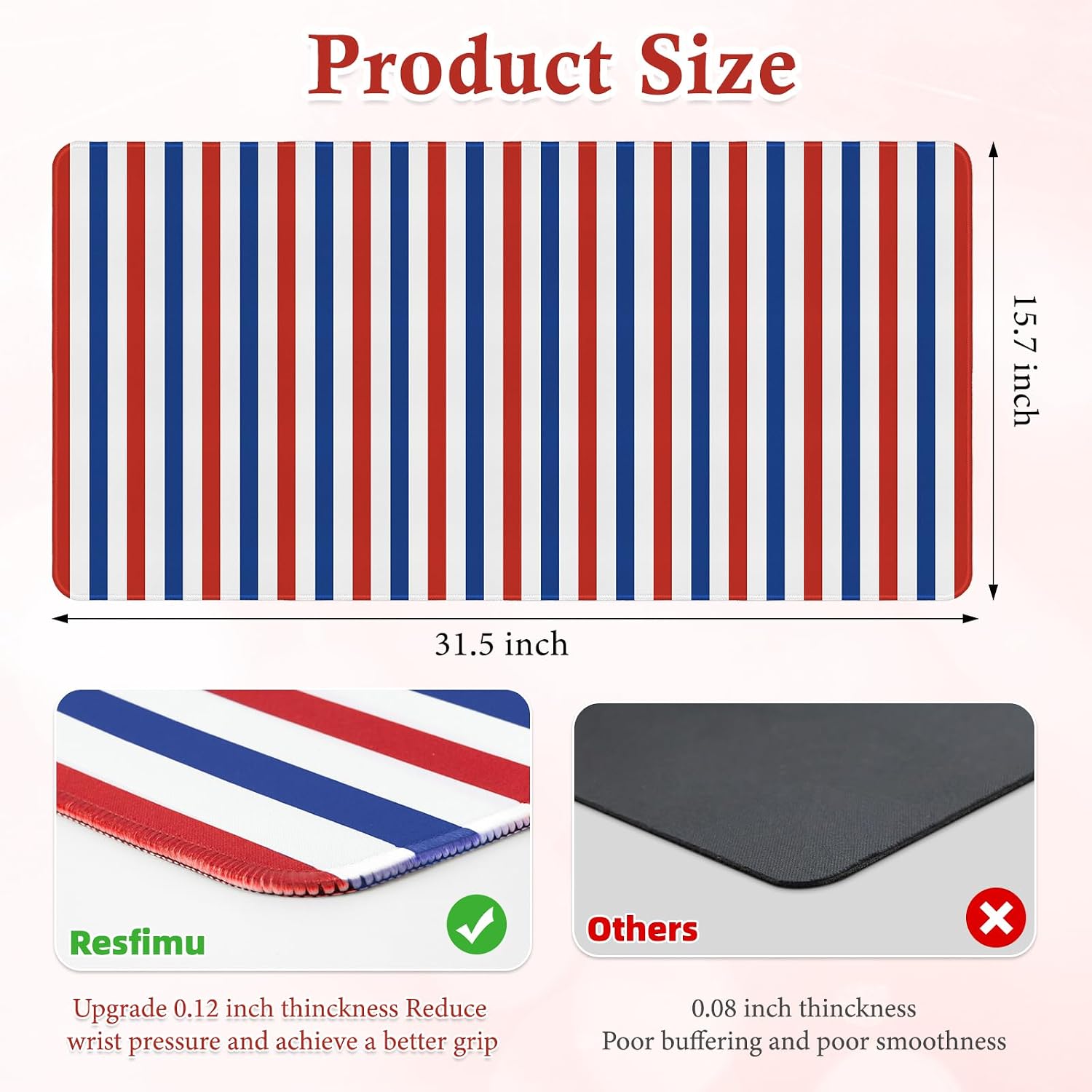 Red and Blue Striped Desk Mat Large Mouse Pad Cute Desk Pad Keyboard Mat image 4