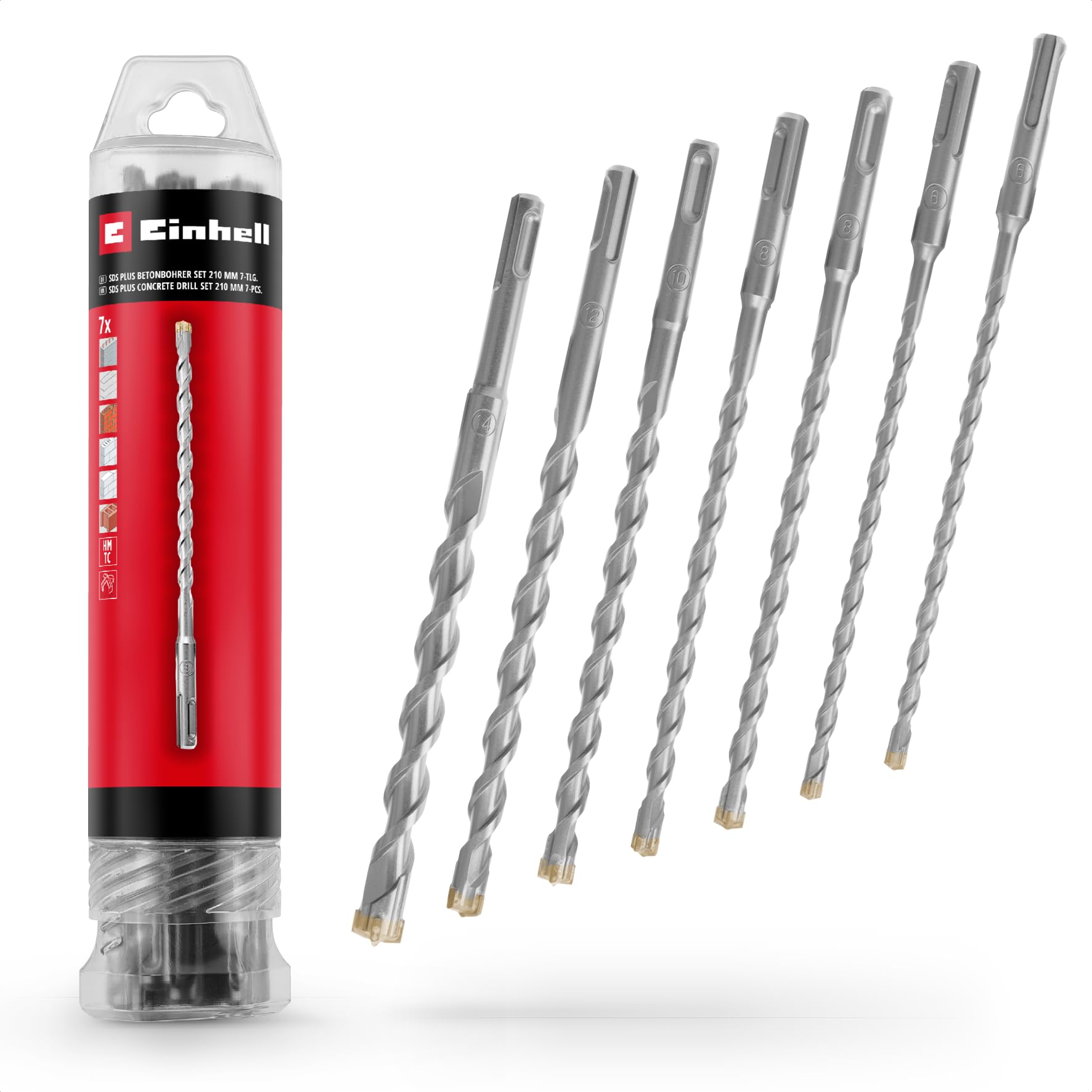 Original Einhell 7-tlg. SDS Plus Hammerbohrer-Set, 210 mm (aus 40Cr Werkzeugstahl mit vierschneidiger Hartmetallplatte, Zentrierspitze, für Renovierungs- oder betonbezogene Befestigungsarbeiten)