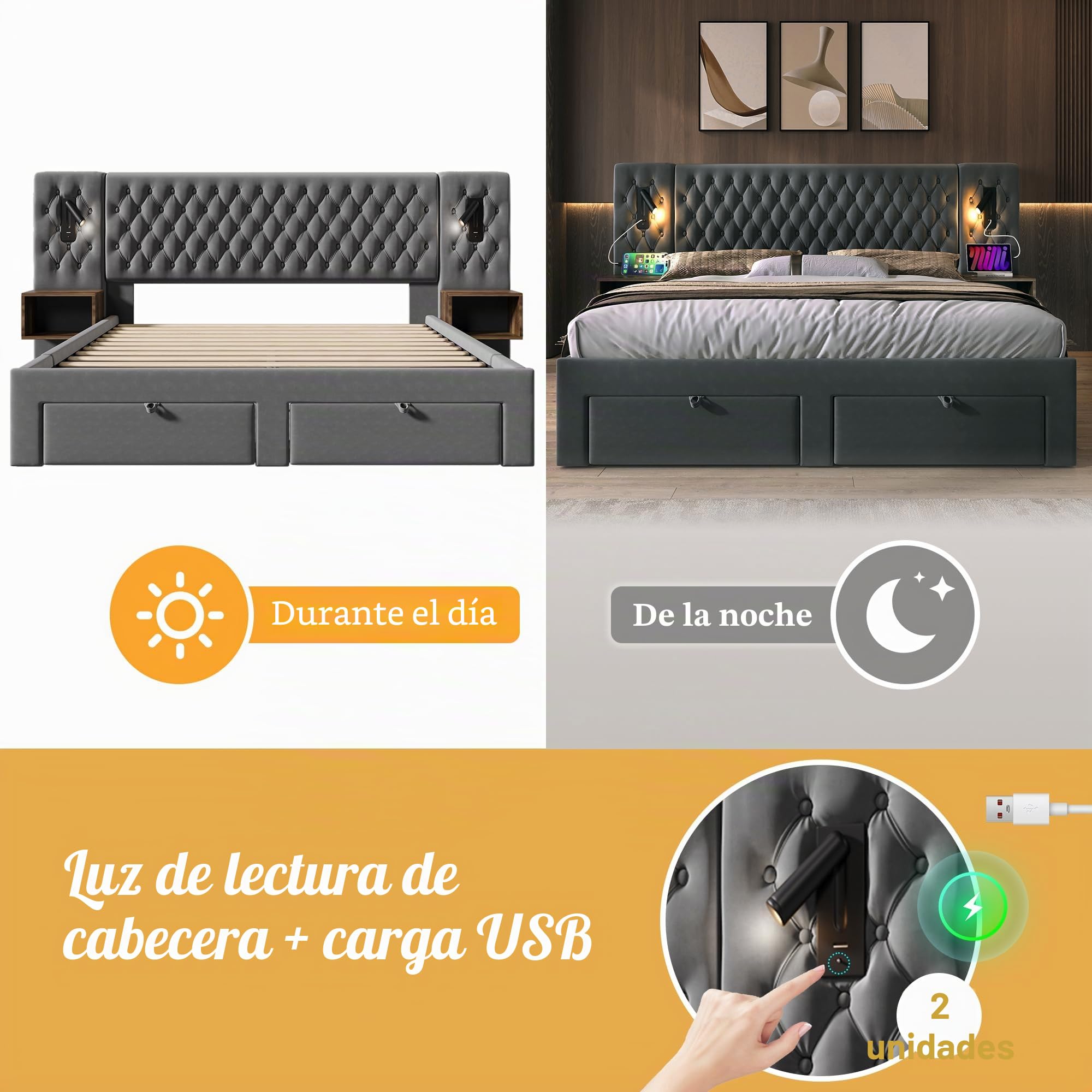 Set completo para dormitorio, cama tapizada matrimonial 180×200 cm con 2 mesitas de noche y 4 cajones, cabecero con luz de lectura y función de carga USB, en terciopelo, sin colchón
