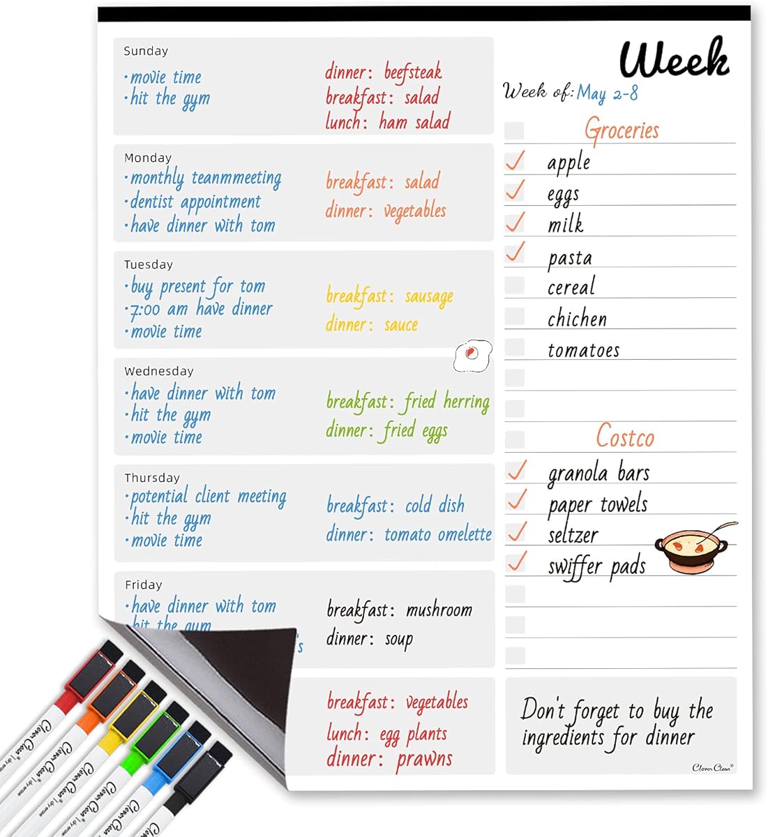 Magnetic Dry Erase Weekly Calendar - 10"x12" Weekly Dry Erase Calendar for Fridge - 6 Extra Fine Point Markers Included - Shipped Flat