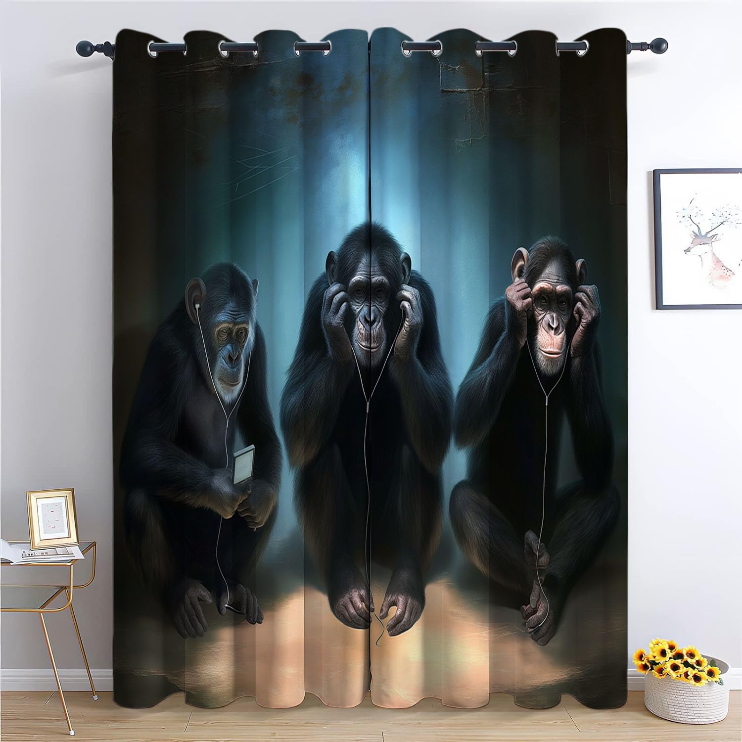 Zasłony nieprzezroczyste, cyfrowe goryle, ze słuchawkami, 183 x 214 cm, zestaw zasłon zaciemniających na przelotkach, do sypialni, salonu, czarne