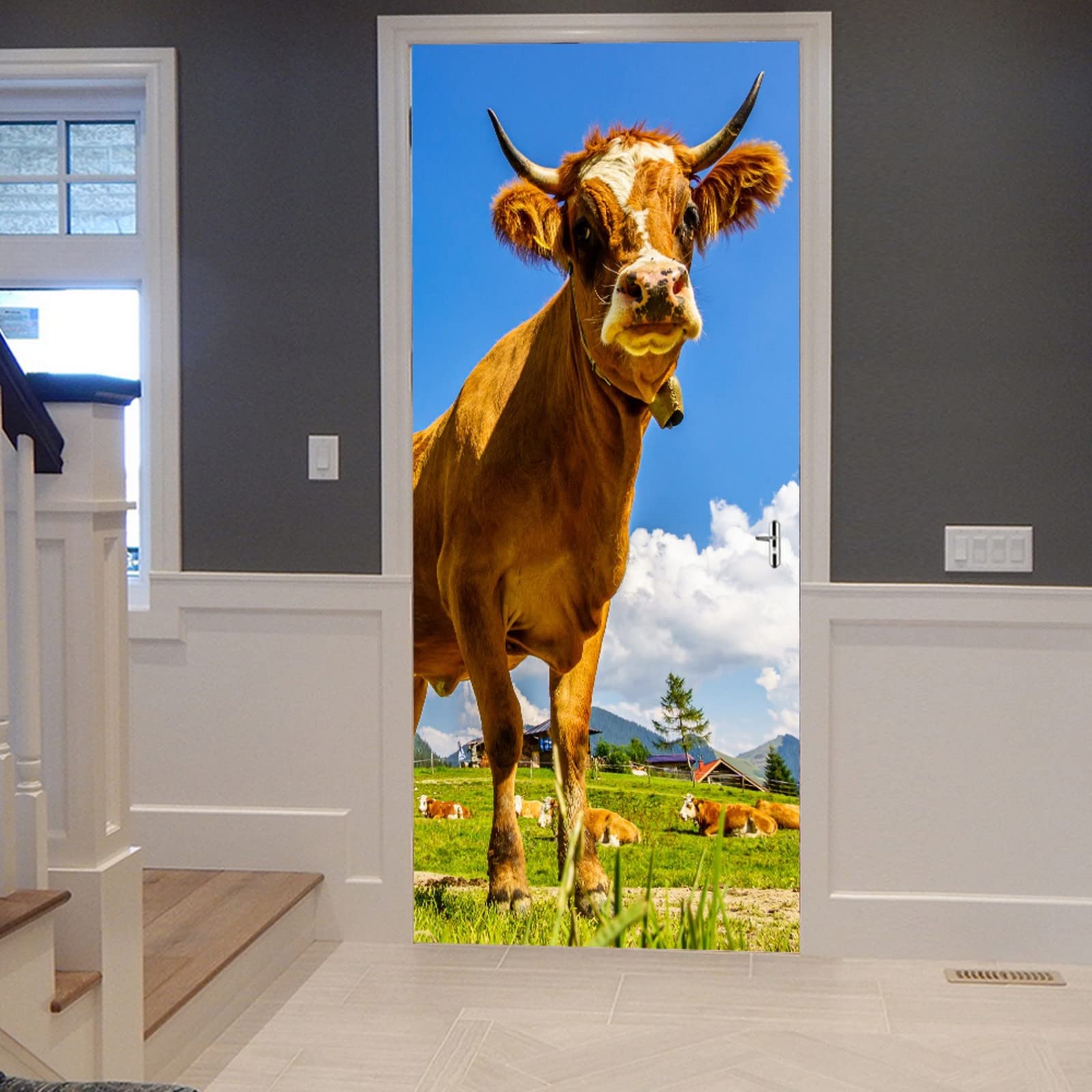 A.Monamour Sticker Porte 3D Vaches Alpage – 83 × 204 Cm – Décor Vinyle Amovible – Effet Réaliste Montagne Été