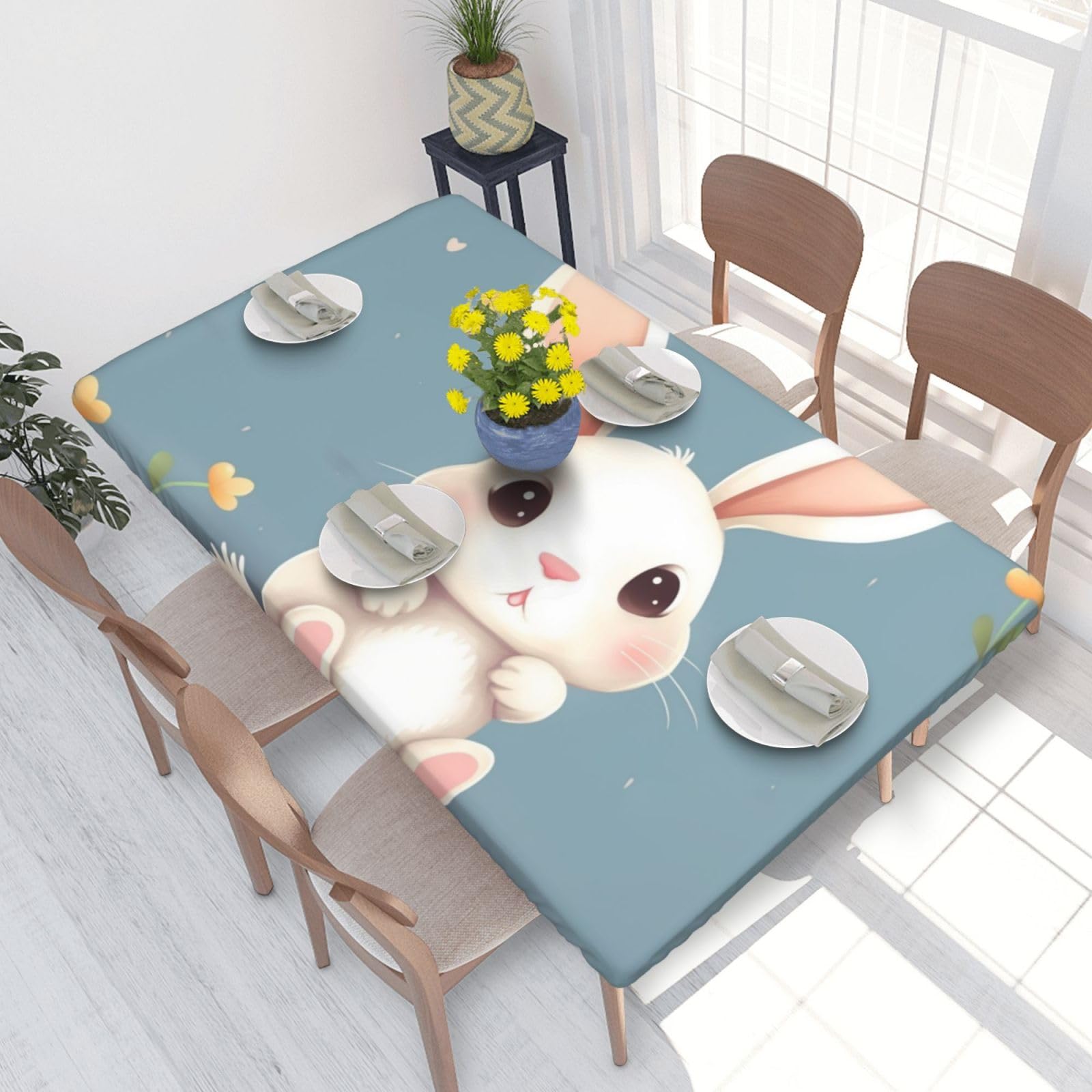 Cartoon Cute Bunny Waterproof Square Table Cover Elastic Fitted Tablecloth Oil Proof Table Protector For 4ft Table