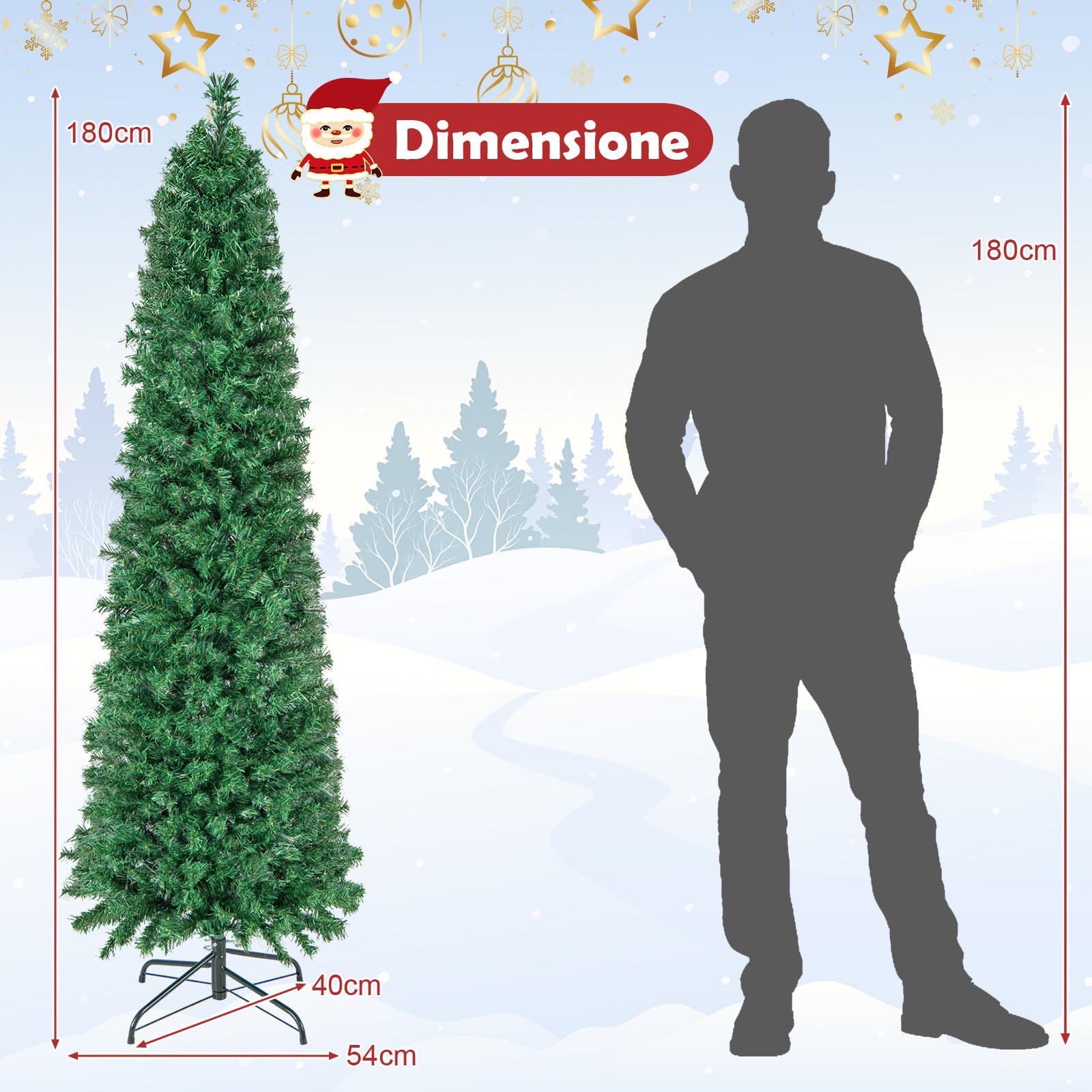COSTWAY Albero di Natale Artificiale con Fibra Ottica 150/180 CM, Albero di Natale Slim Preluminato con 361/517 Rametti, Base in Metallo Pieghevole, Ideale per Casa, Ufficio e Feste (180 cm)