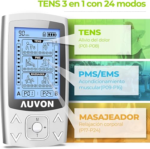 AUVON TENS EMS device, 2 channels and 24 modes, 3-in-1 stimulation device with 12 pieces 2 x 2 inch TENS electrode pads with patented design for pain relief and muscle building on the back, shoulders etc. - 3