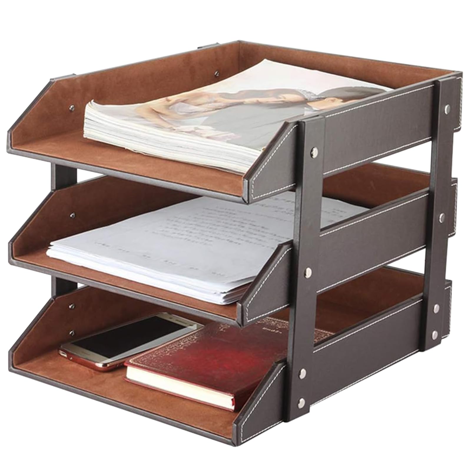 Xnone Brown Leather Letter Tray,Stackable Desk Tray Organizer,Office Supplies Trays Holder For Document,Stationery,Magazines,Newspapers,Letters Perfect Office Organization For Desktop (,3 Tier)