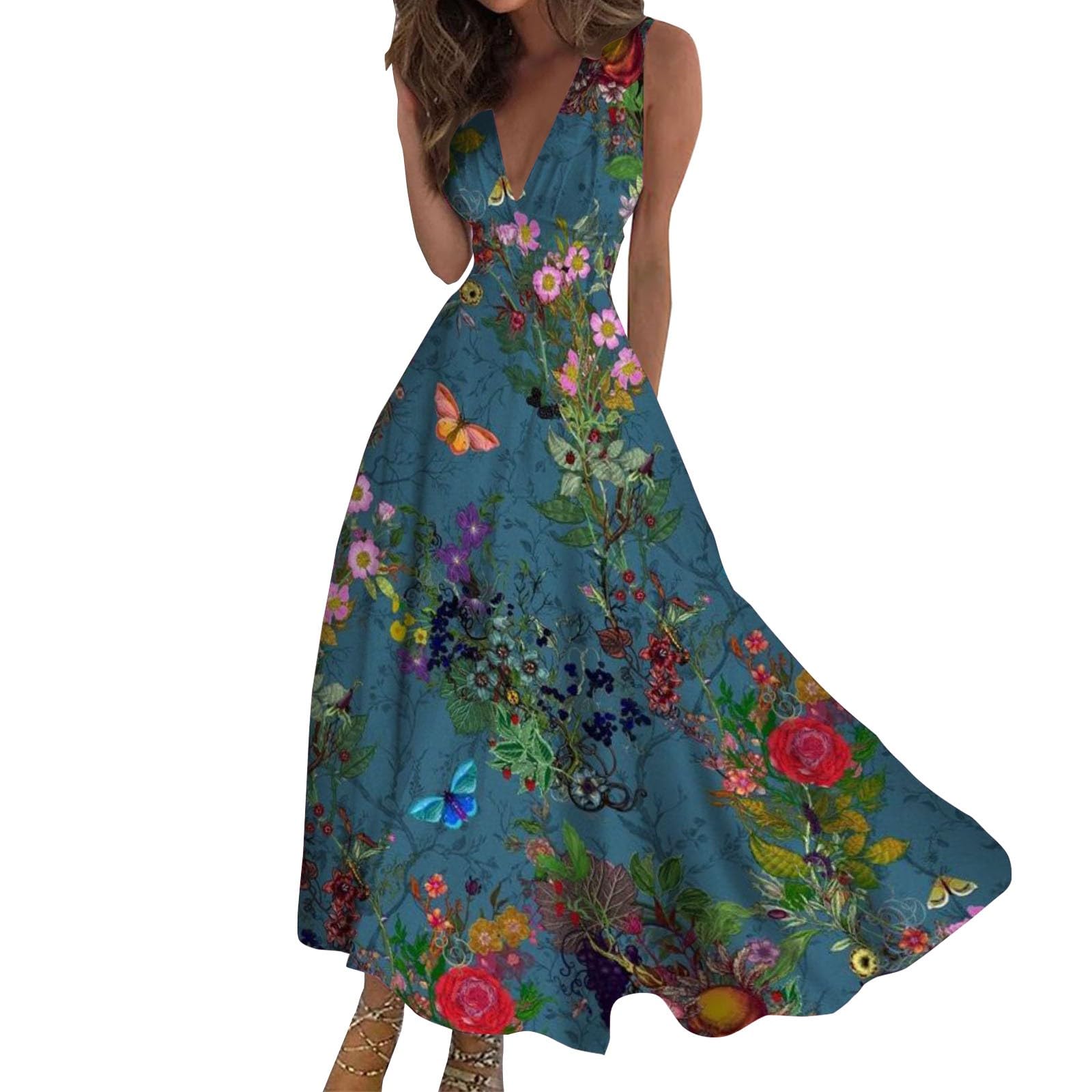 KonJimDresses for Women 2024 Sleeveless Dresses Casual Summer Boho Dress Floral Dressy Tank Dress V Neck Beach Maxi Dress 2024 Cocktail Dresses