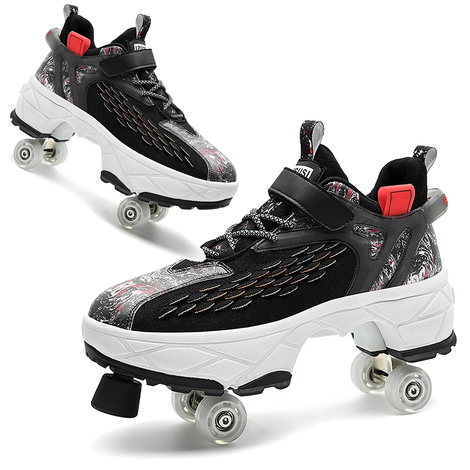 2 in 1 Deformation Roller Shoes, Roller Skate Shoes Outdoor with Detachable Brake Removable Pulley Skates Sneakers Skating Parkour with Wheels for Girls Boys