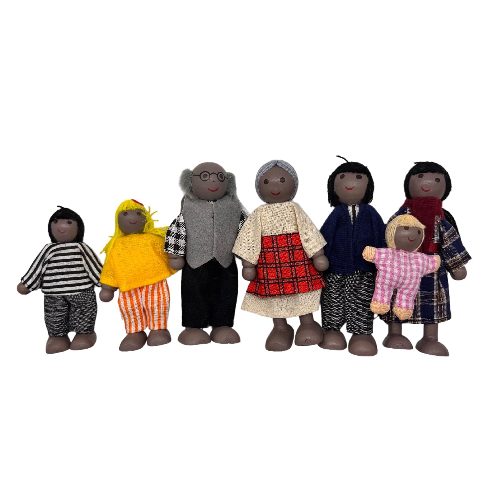 HYSTYLE 7 Pack Wooden Doll House Family Dollhouse Dolls Family Pretend Play Figures, Family Role Play Pretend Play Mini People Figures (African American)
