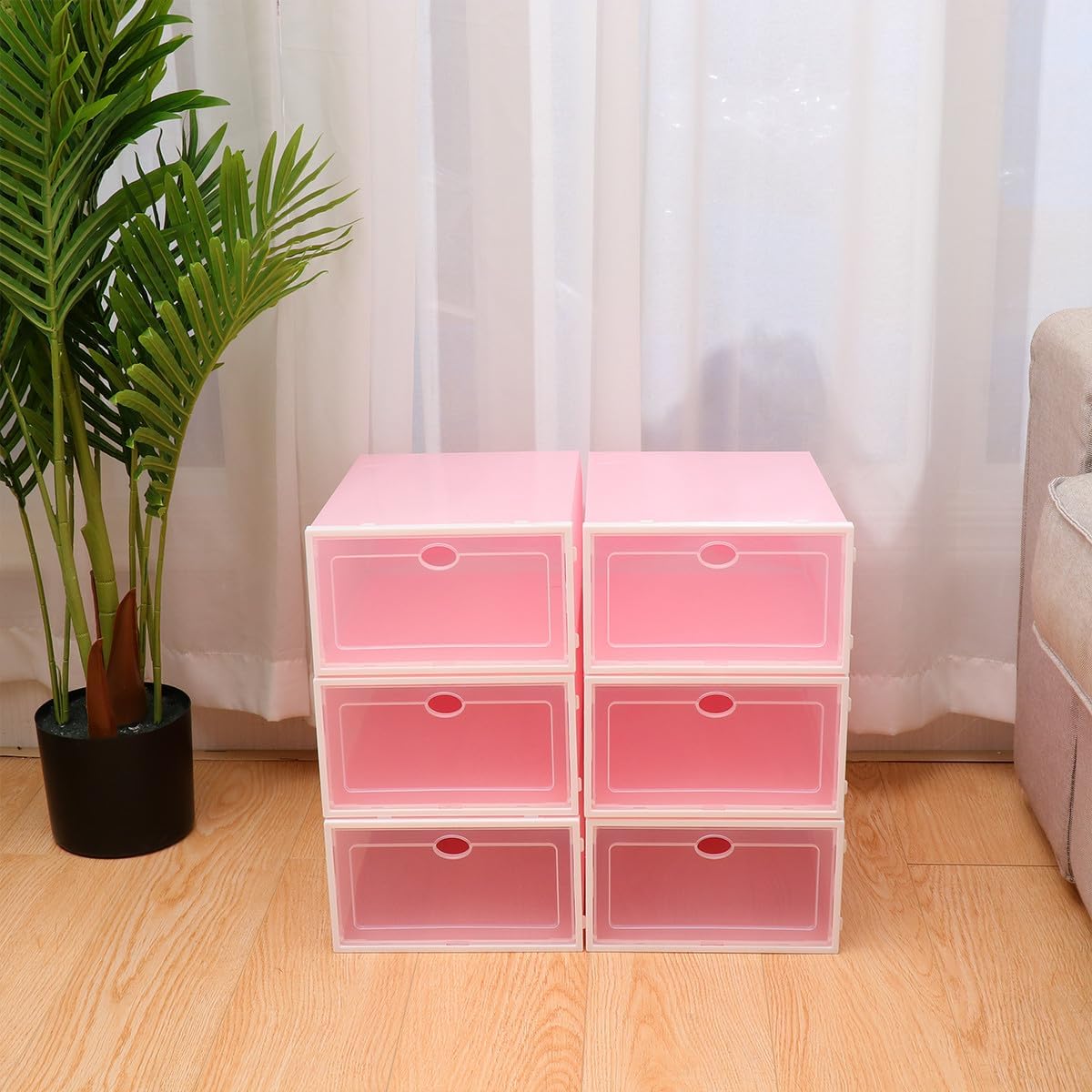 GALPADA 6pcs Thickened Shoes Storage Box Plastic Stackable Shoe Organizer with White Frame Pink for Men Closet Storage Container