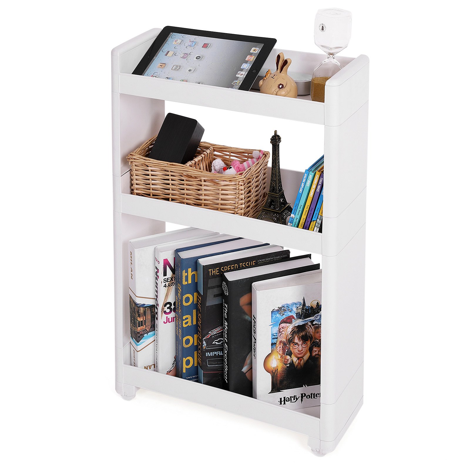 SONGMICS Étroit Chariot, Meuble de Rangement Mobile, Commode sur roulettes avec 3 Étagères, pour Cuisine, Salle de Bain, Garage, Largeur de 17 cm KFR09WT, Blanc
