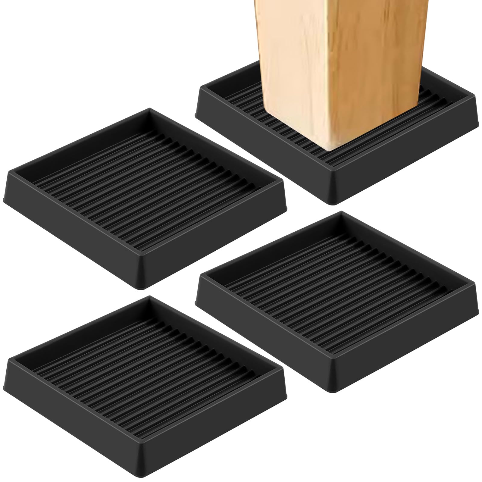 Swpeet 4Pcs 4" x 4" Square Black Rubber Anti Skid Caster Cups Non Slip Furniture Pads Kit, Anti-Slip Gripper - Image 2