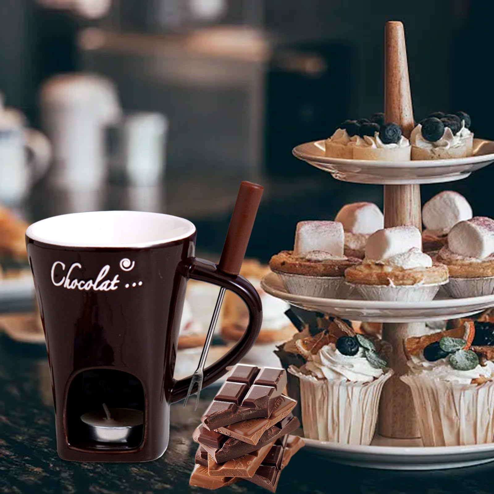 Schokoladenfonduetasse mit Gabel und Pinseln, Schokoladenschmelzbecher, ohne Teelichter, Fonduetassen, ideales Geschenk für Date, Nacht, Geburtstag, Hochzeit, Geschenke (schwarz)