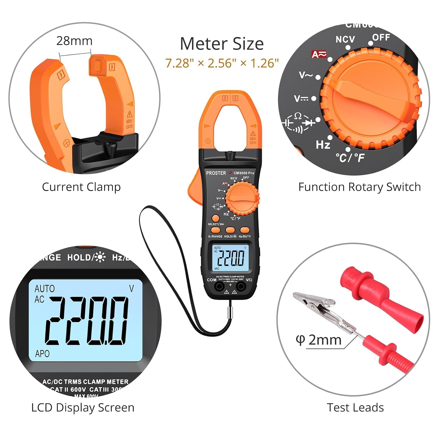 Proster 6000 Count Clamp Meter 800A Amp Tester TRMS NCV Multimeter Kit — Amazon image 3