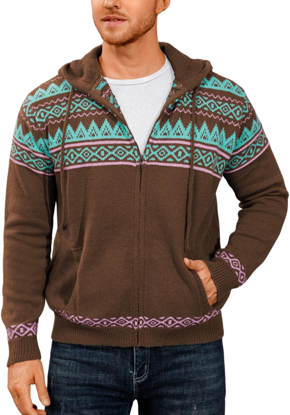Fair Isle Cardigan Sweaters,Zip Up Sweater Hoodie Men,Casual Work House Going Out Knit Sweatshirt
