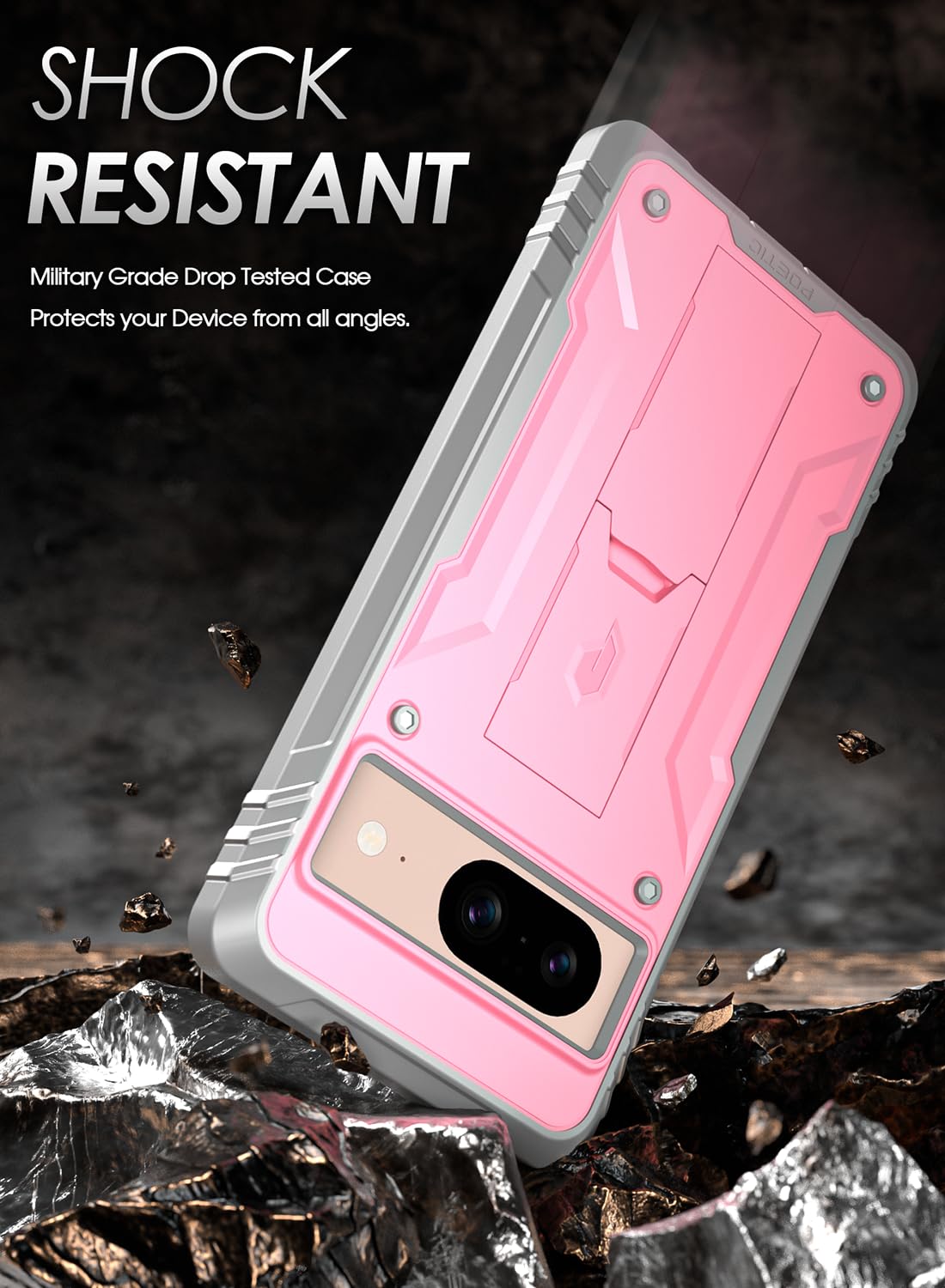 Poetic Revolution Coque compatible avec Pixel 8 5G 6,2", [testé contre les chutes de 6,1 m, qualité Mil-Grade Testé], coque intégrale robuste antichoc avec béquille et protecteur d'écran intégré, rose