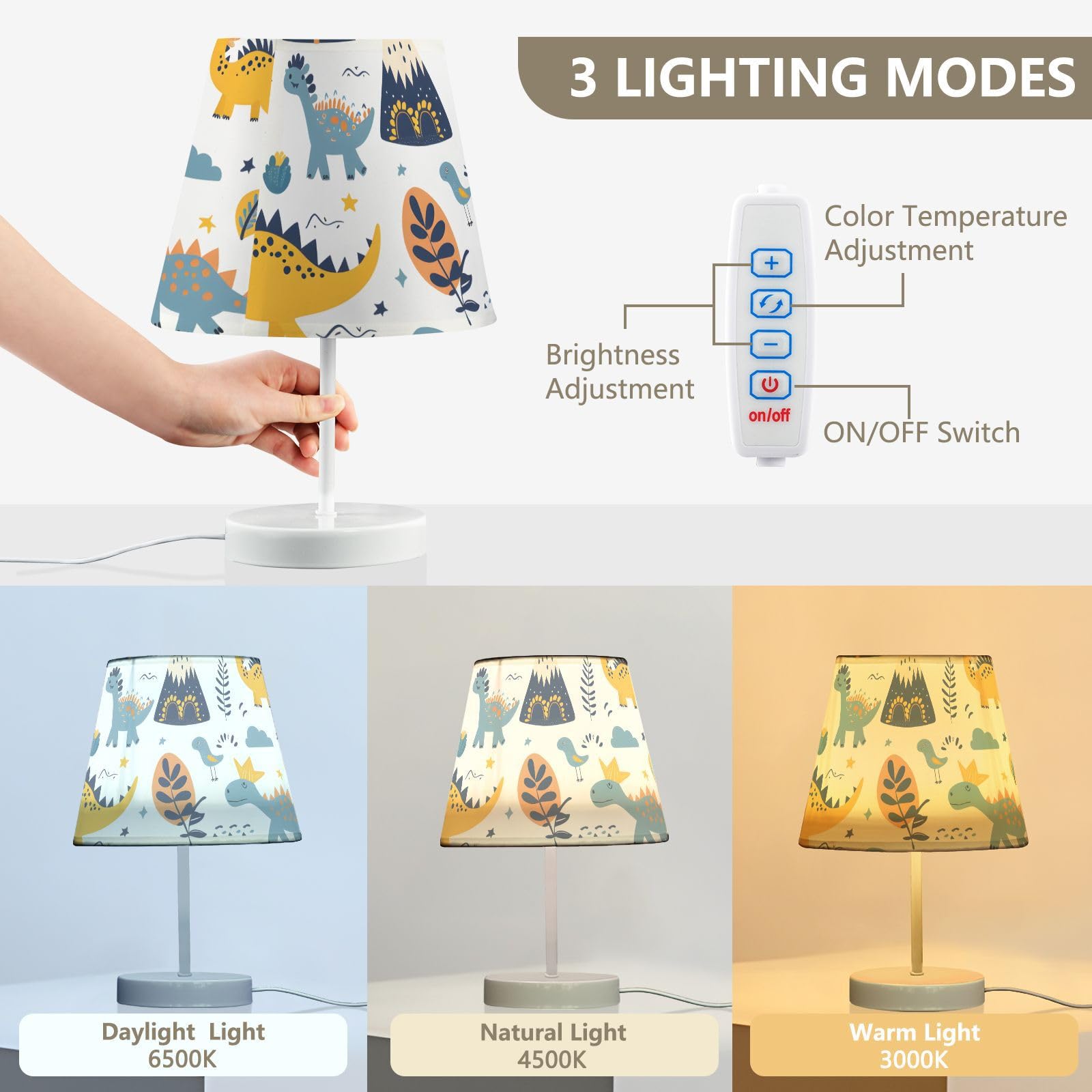 Mnsruu Lámpara de mesita de noche Dino Infantil Dinosaurio Doodle Lámpara de mesa Bombillas LED Lámpara de Escritorio Pantalla de Tela para Dormitorio Sala de Estar Mediana