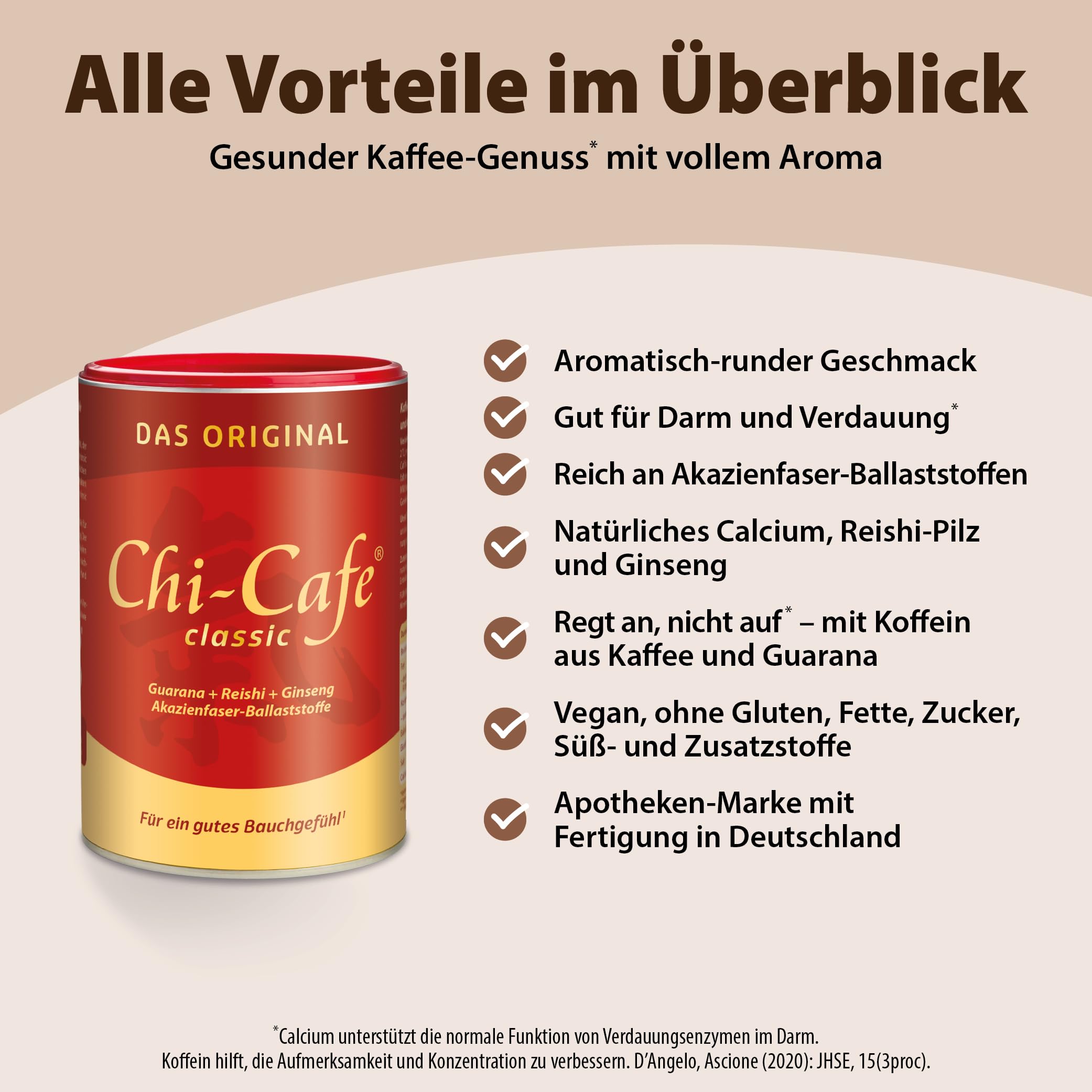 Chi-Cafe classic | 400 g Dose | kaffeehaltiges Getränkepulver mit Akazienfaser-Ballaststoffen | Kaffeersatz, gut für die Verdauung* | mit Reishi-Pilz, Ginseng und Guarana | vegan, 66 Tassen