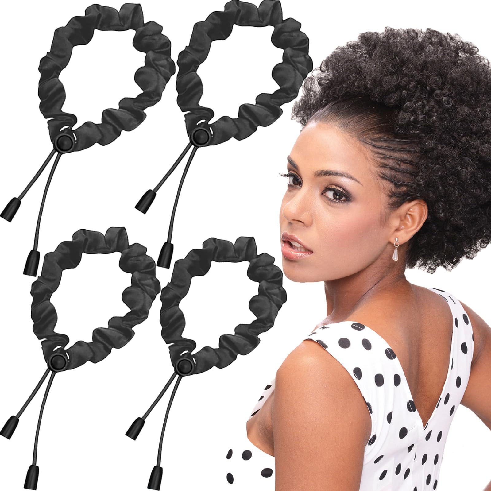 4pcs Black Adjust Satin Hair Scrunchies for Women Girls, Adjustable Hair Ties Soft Than Silk for 4c Girlie Thick Curly Natural Hair, Easy to Use Hair