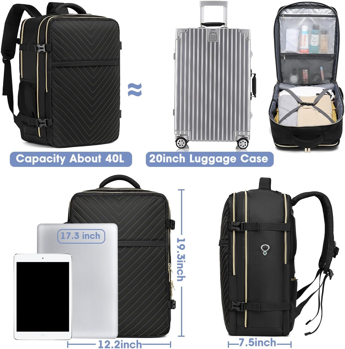Large Carry On Travel Backpack - Flight Approved Waterproof Luggage Suitcase Backpacks Personal Item Size for Women Men Fit 17 Inch Laptop College Overnight Bag Anti-Theft Weekender Daypack Black Gold