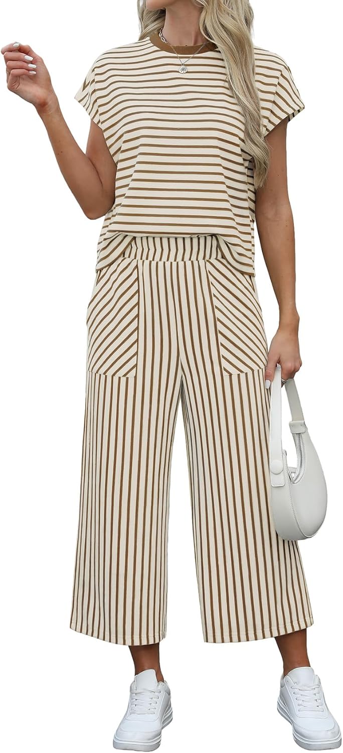 Sweetmoon 2 Piece Sets for Women Summer Outfits Short Sleeve Travel Outfits for Women Vacation Crop Pant Matching Lounge Set