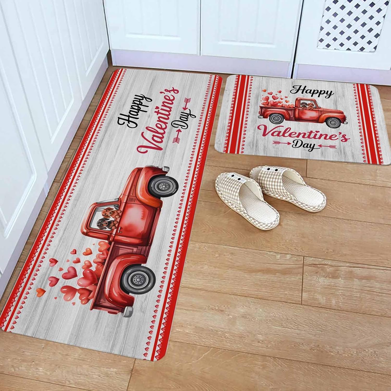 Valentine's Day Kitchen Rugs and Mats Set of 2, Non-Slip Kitchen Sink Mat, Red Romantic Love Truck Dogs Wooden Washable Doormat Bathroom Rugs Runner for Bedroom/Living Room 15.7"x23.6"+15.7"x47.2"