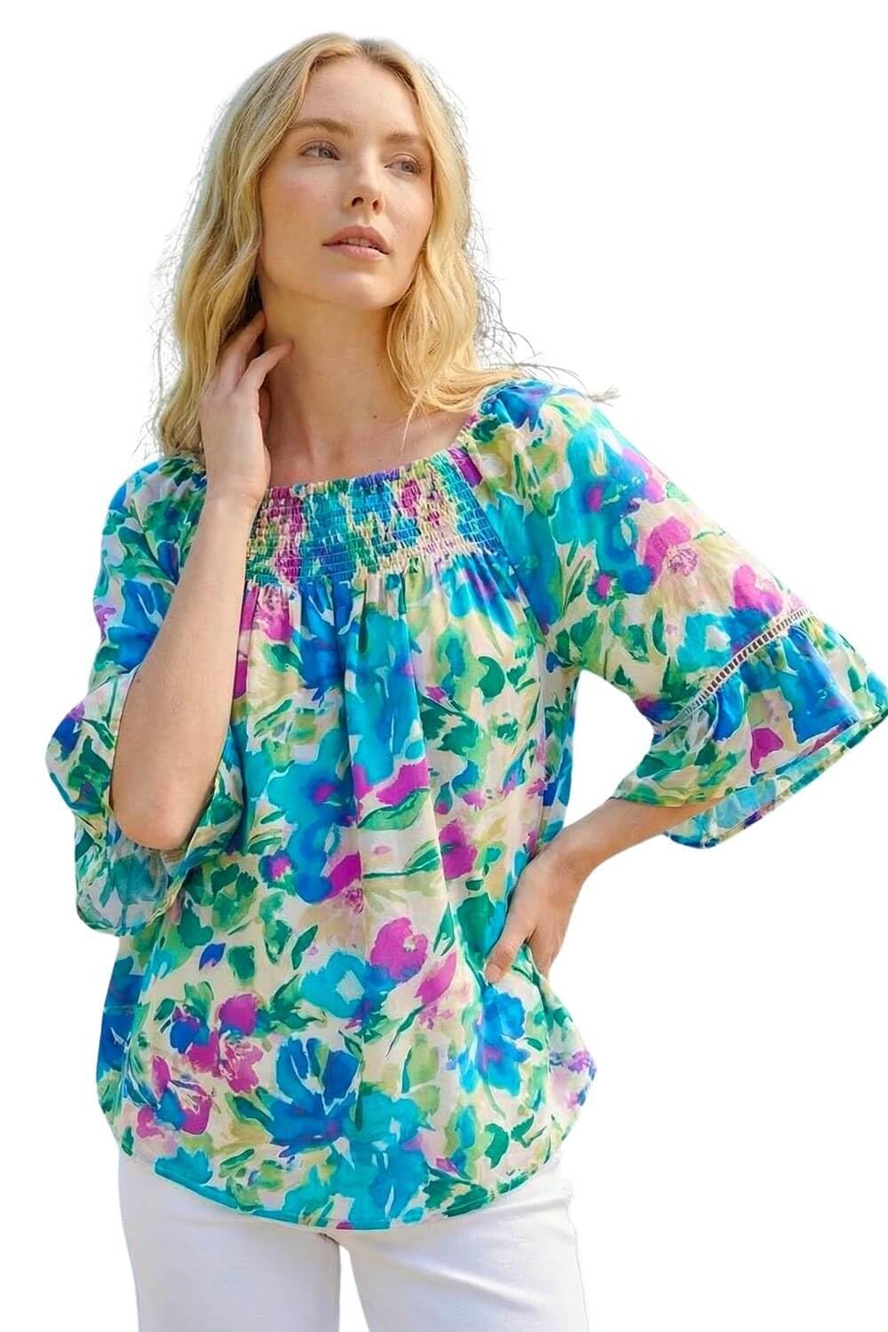 Roman Women's Multicolor Floral Print Bardot Top | Size: 12
