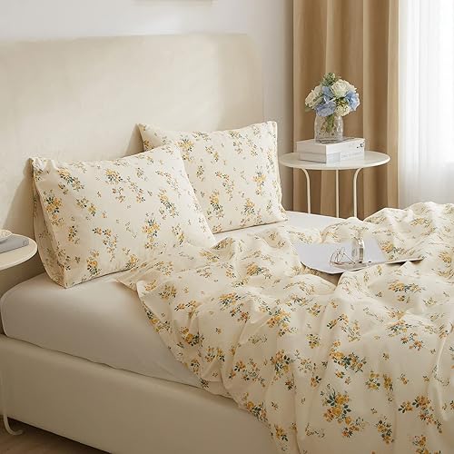 Miniatura 8 de VClife Juego de funda de edredón color crema tamaño Queen  Juego de ropa de cama de algodón suave con estampado floral amarillo, cierre de