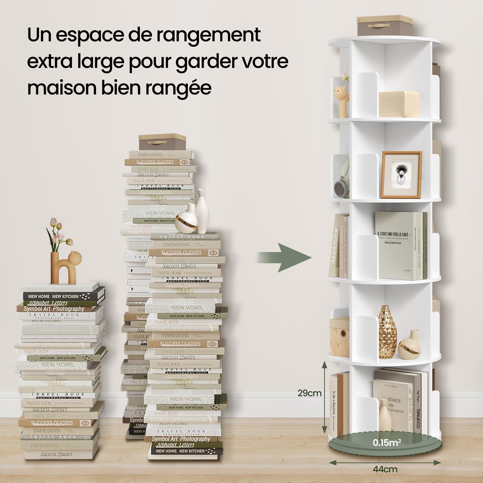 EUGAD Bibliothèque Tournante 5 Niveaux, Étagère Livre Ronde avec 20 Compartiments pour Salon, Bureau et Chambre d'enfant, Organisateur Moderne en Bois d'Ingénierie, Blanc (φ44 x H156cm)
