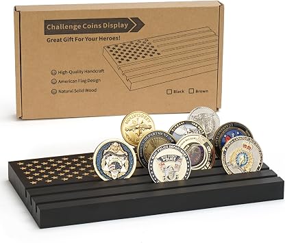 Samplife Coin Rack,Challenge Coins Display Stand Shelves Wooden Army Collectible Military Coins Holder Rack Case 6 Row Display American Flag