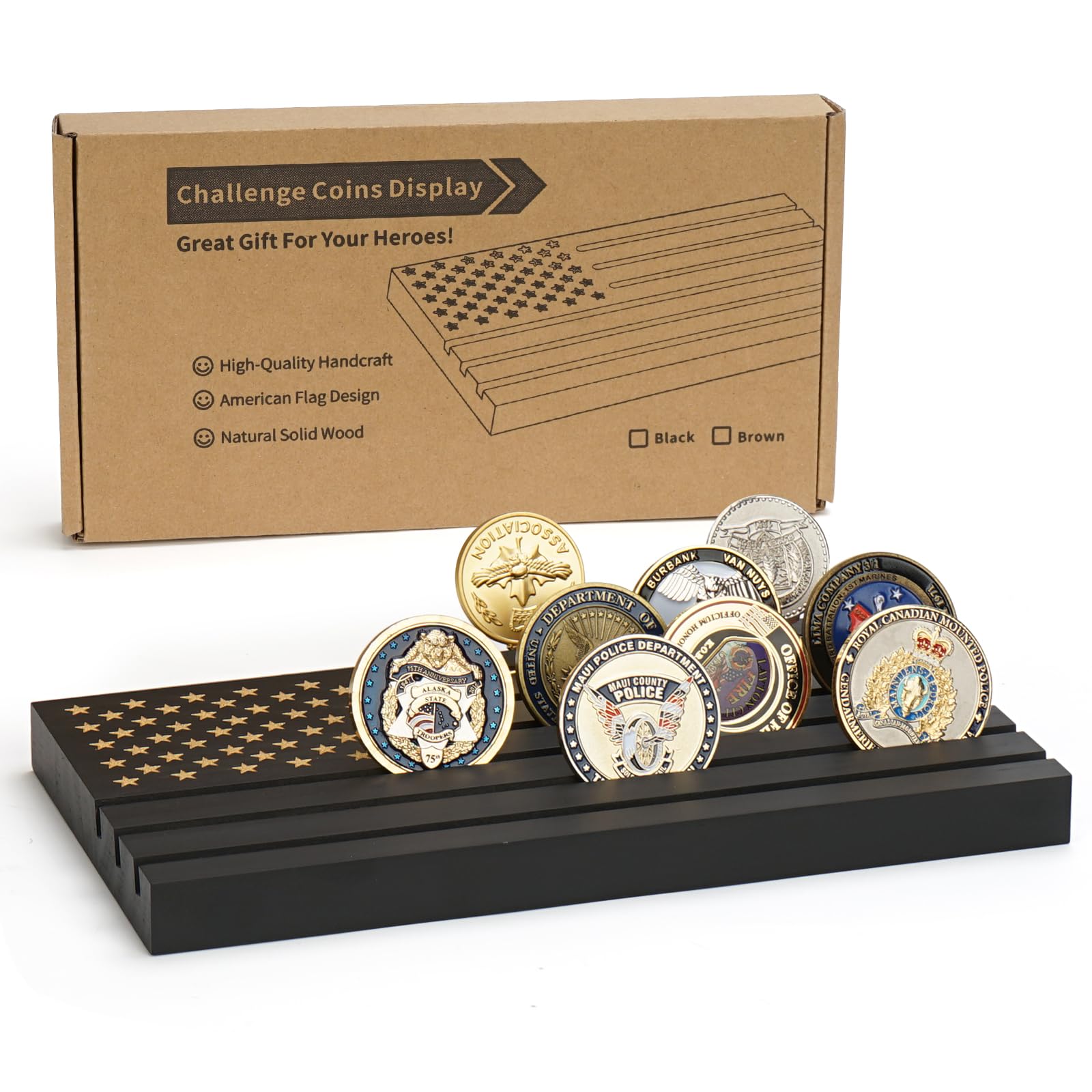 Samplife Coin Rack,Challenge Coins Display Stand Shelves Wooden Army Collectible Military Coins Holder Rack Case 6 Row Display American Flag